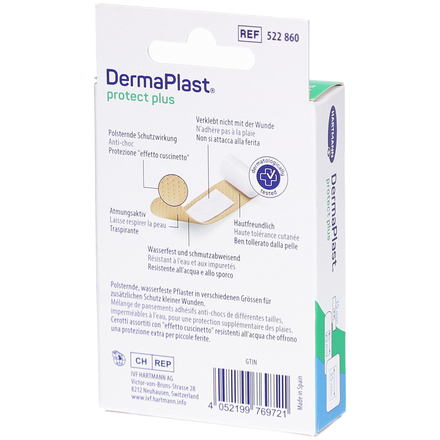 Rückseite der Verpackung von DERMAPLAST® protect plus family. Enthält Produktinformationen, darunter Text und Piktogramme.