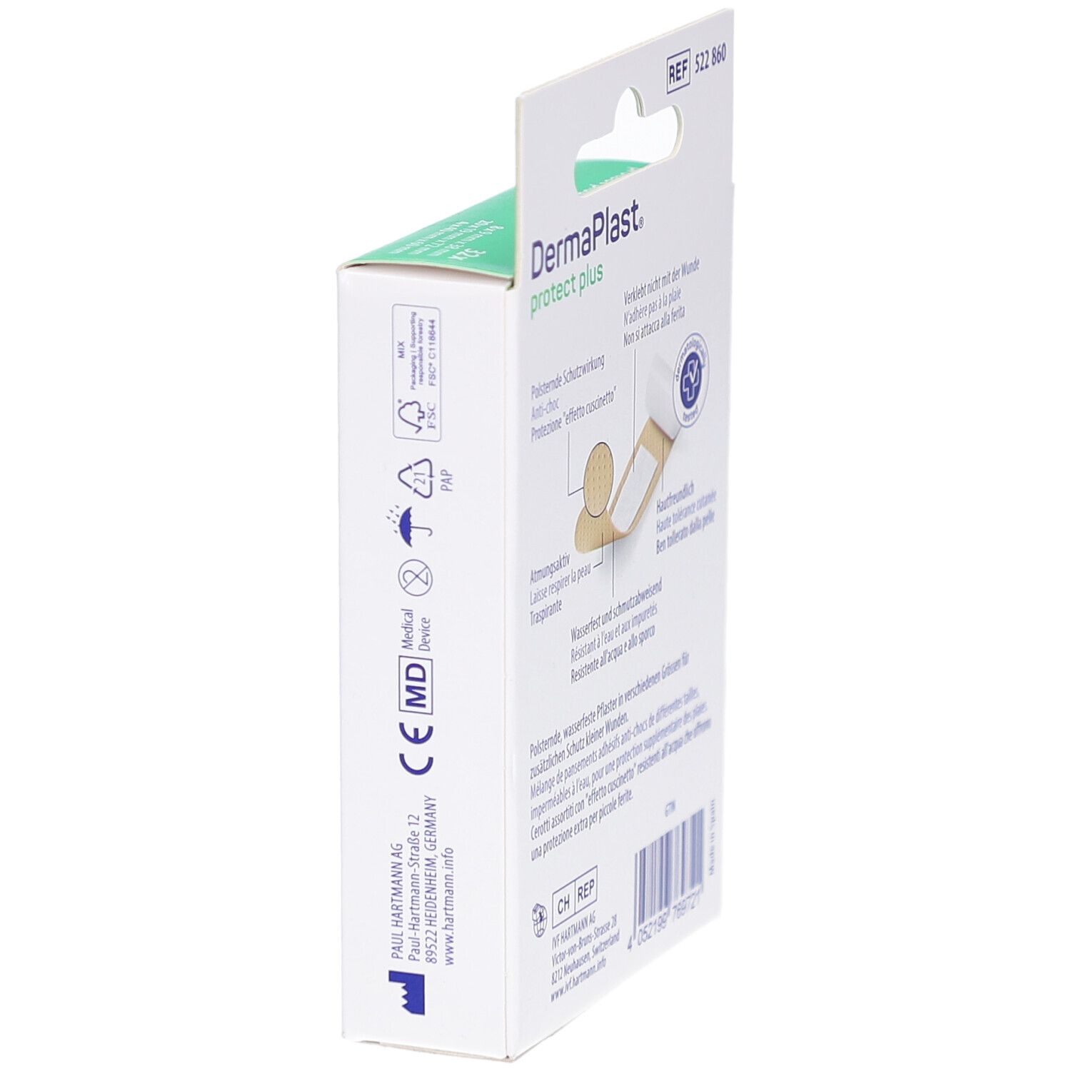 Seitenansicht der Verpackung von DERMAPLAST® protect plus family. Zeigt Produktinformationen und Logos.