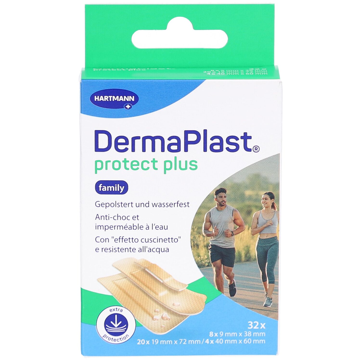 Vorderansicht der Verpackung von DERMAPLAST® protect plus family. Zeigt Produktname, Abbildung von Läufern und Pflastern.