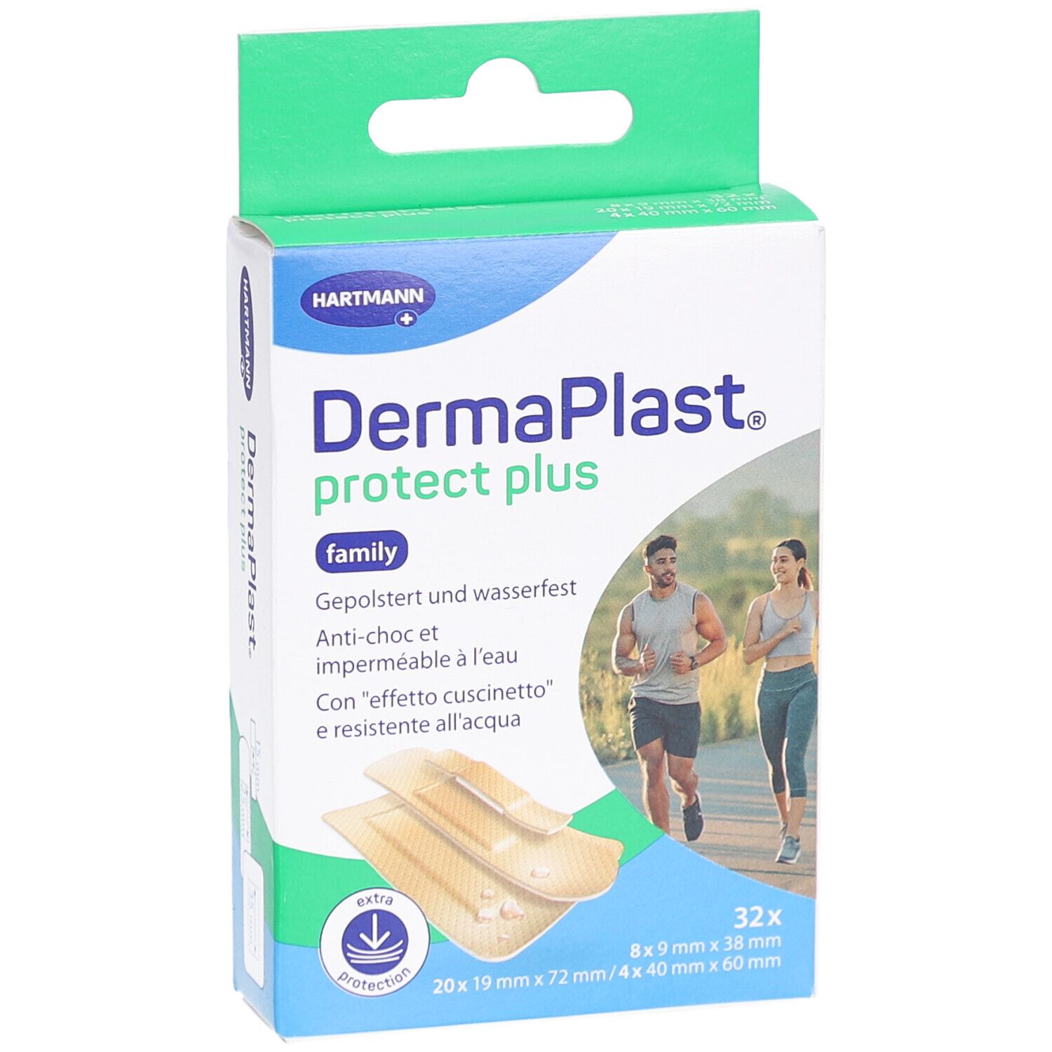 Vorderansicht der Verpackung von DERMAPLAST® protect plus family. Zeigt Produktname, Abbildung von Läufern und Pflastern.
