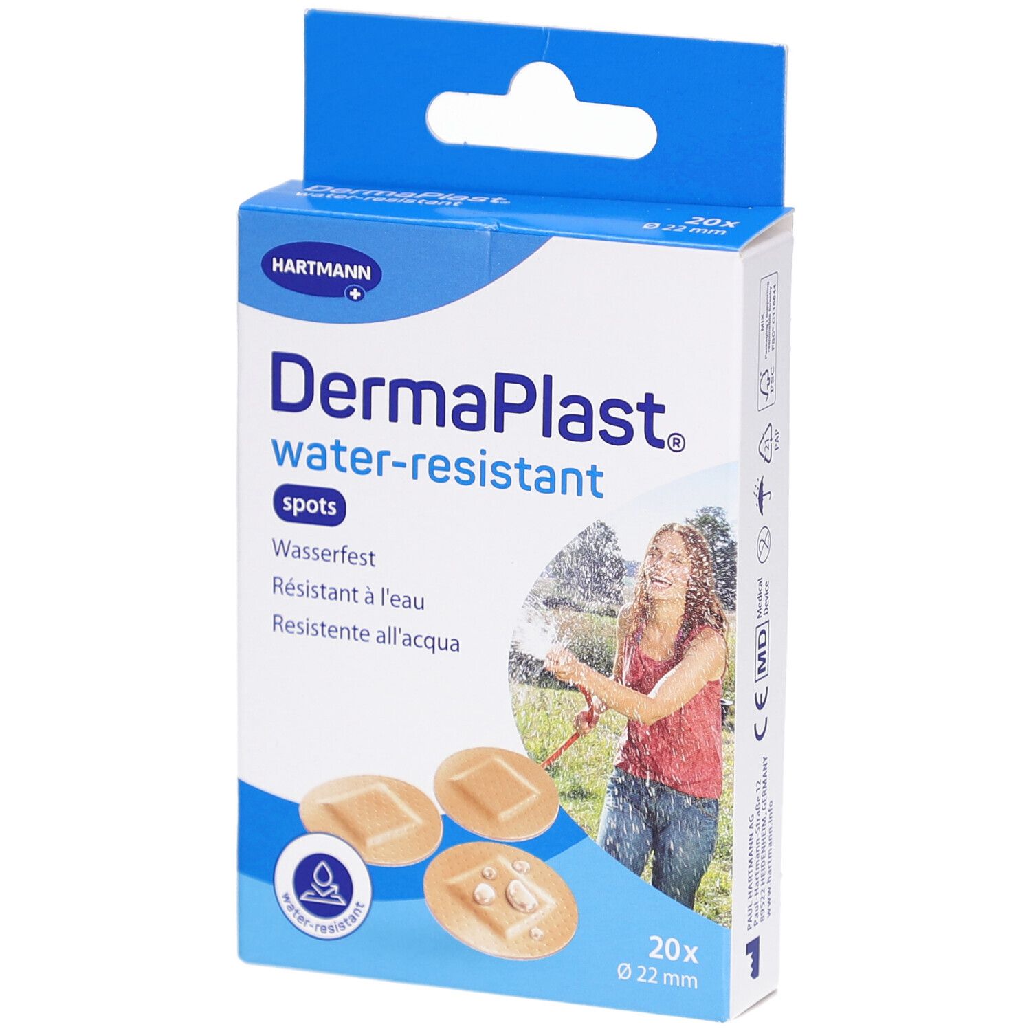 Verpackung mit runden, wasserfesten Pflastern. Marke: DermaPlast. 20 Stück, Ø 22 mm. Abbildung einer Frau mit Wasser.