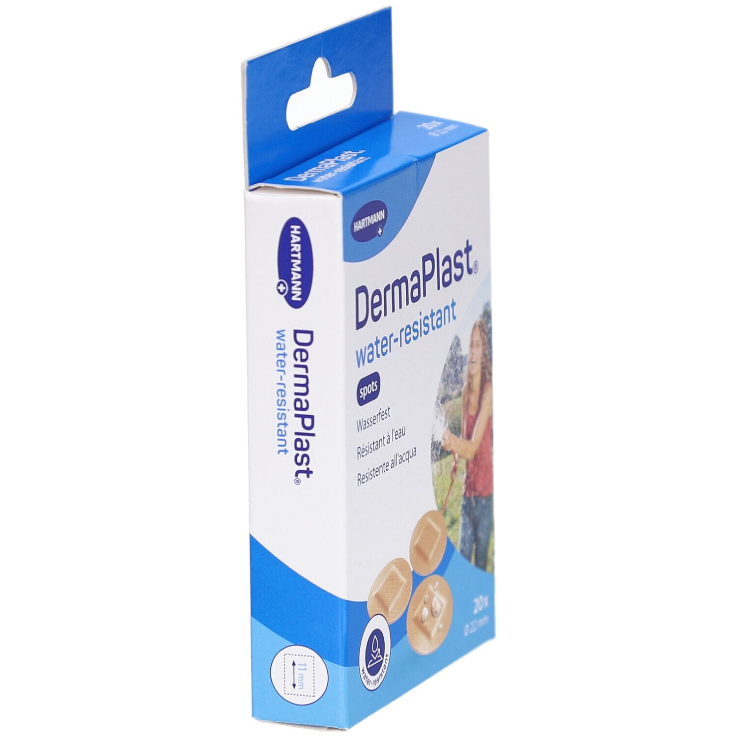 Verpackung mit DermaPlast Pflastern. Wasserfest. 20 Stück, Ø 22 mm. Marke Hartmann. Seitenansicht der Verpackung.