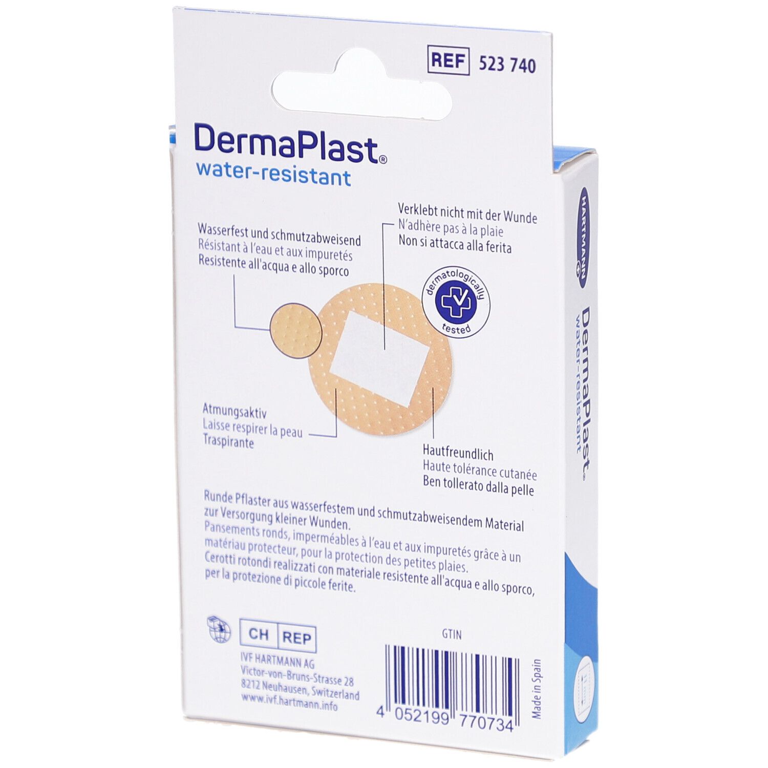 Rückseite der DermaPlast Pflasterverpackung. Informationen zu Inhaltsstoffen, Anwendung und Hersteller. Runde Pflaster.