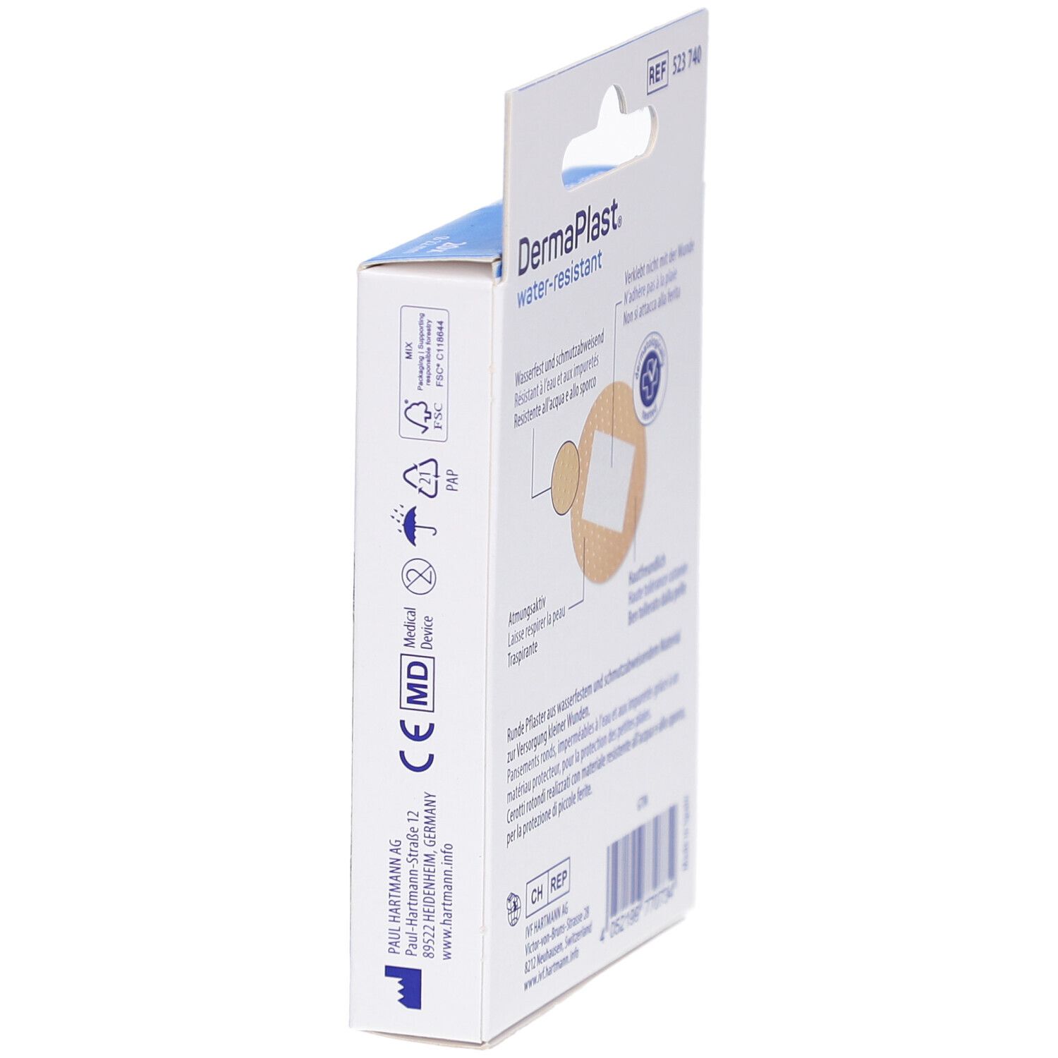 Seitenansicht der DermaPlast Pflasterverpackung. Informationen zum Hersteller und zur Zertifizierung als Medizinprodukt.