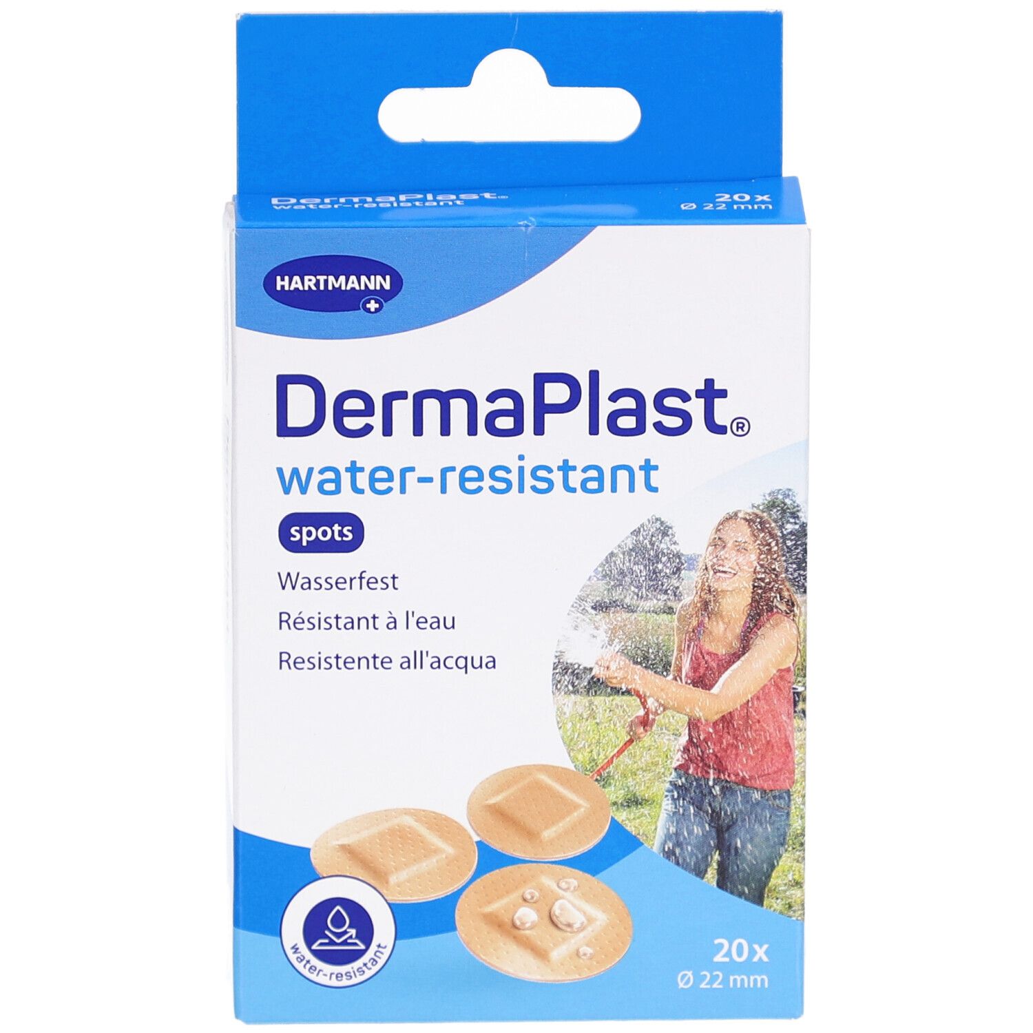 Verpackung mit runden, wasserfesten Pflastern. Marke: DermaPlast. 20 Stück, Ø 22 mm. Abbildung einer Frau mit Wasser.