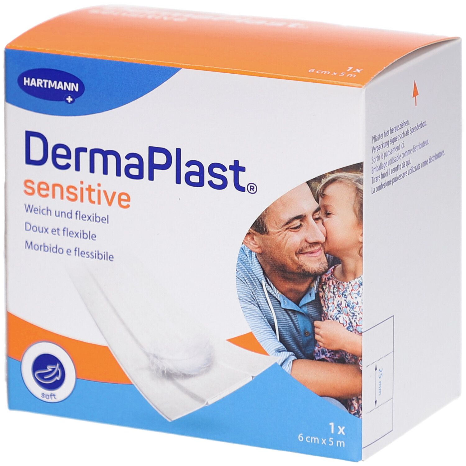 Verpackung von DERMAPLAST® sensitive. Weißer Karton mit Produktname und Logo. 6 cm x 5 m. Bild von Vater und Kind.