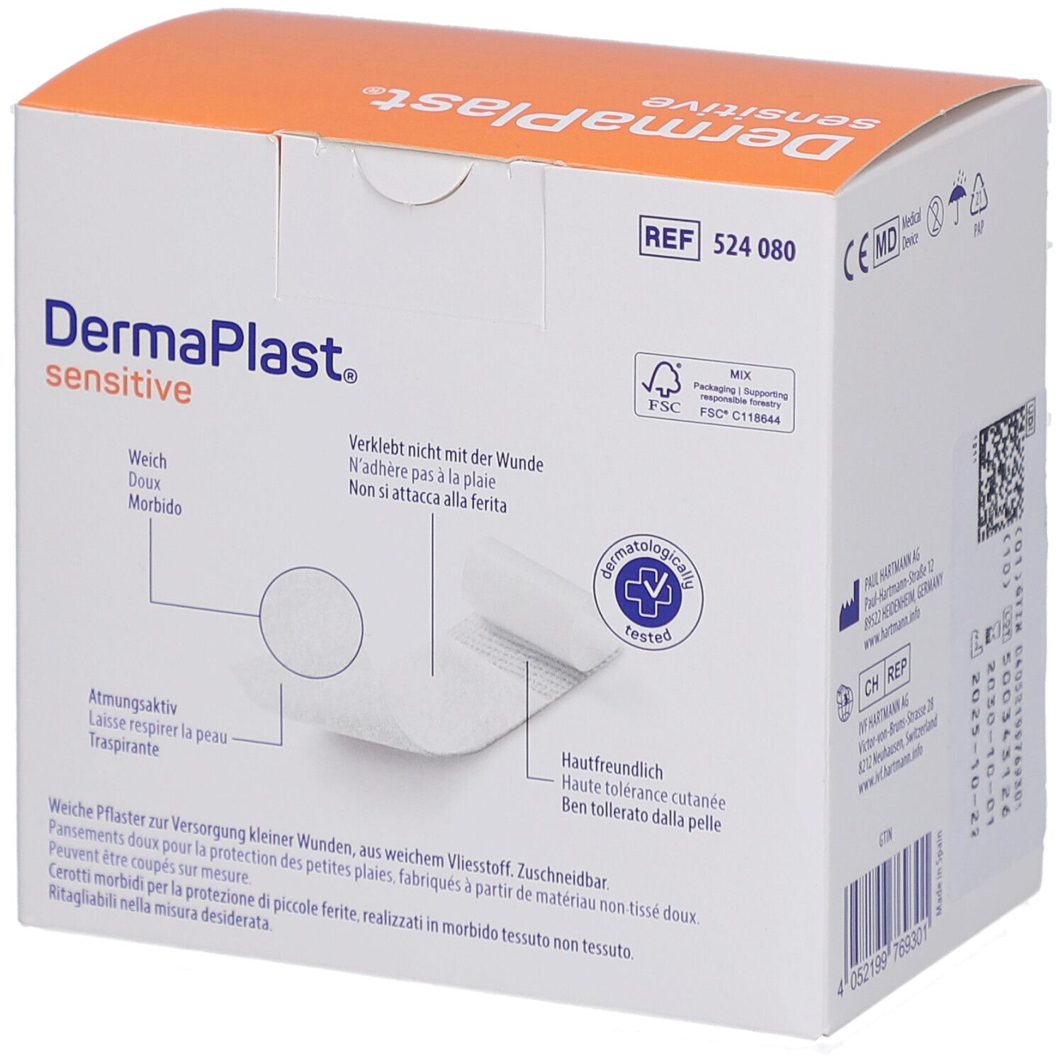 Rückseite der DERMAPLAST® sensitive Verpackung. Zeigt Produktmerkmale, dermatologische Tests und FSC-Zertifizierung.