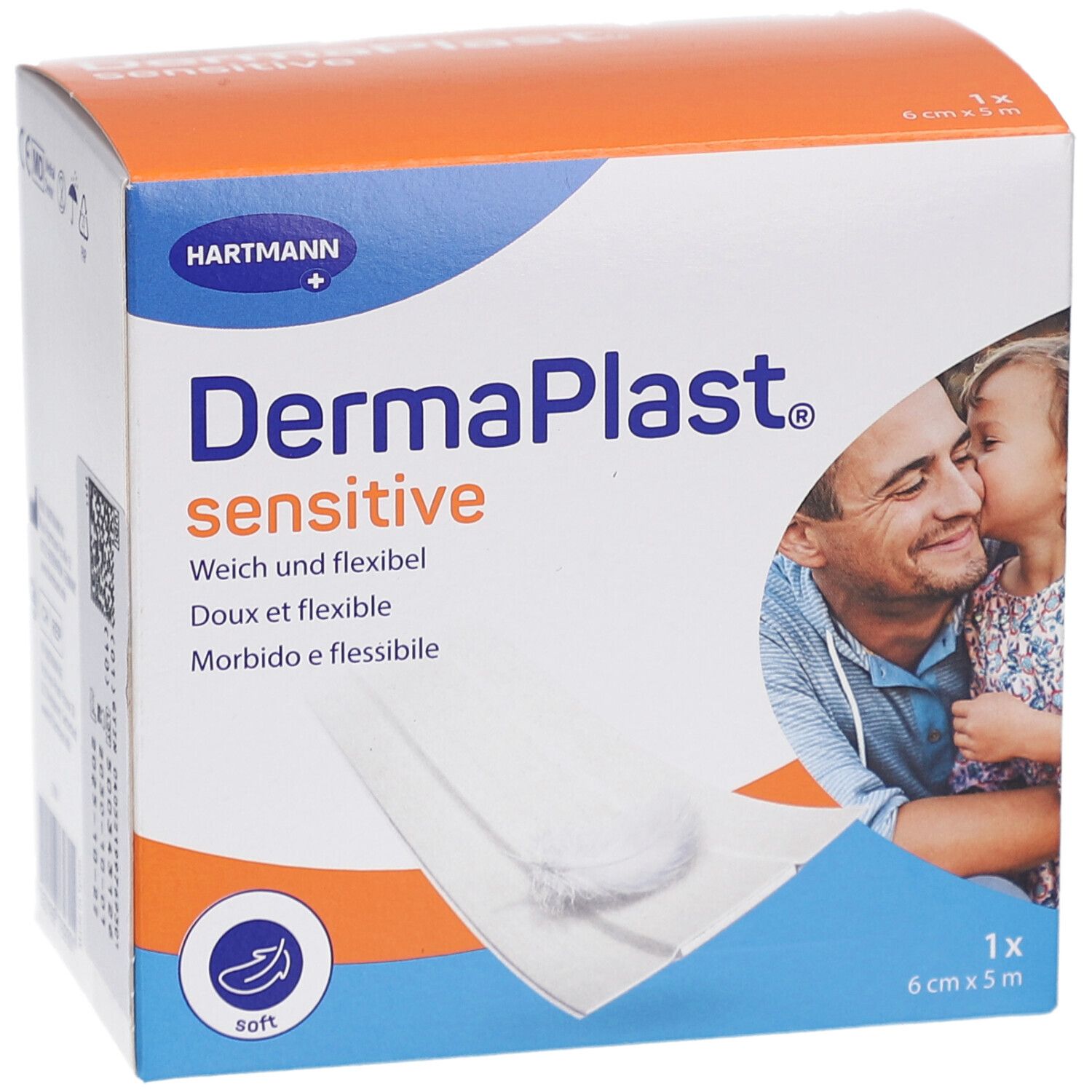 DERMAPLAST® sensitive Verpackung. Weißer Karton mit Produktname und Logo. 6 cm x 5 m. Bild von Vater und Kind.