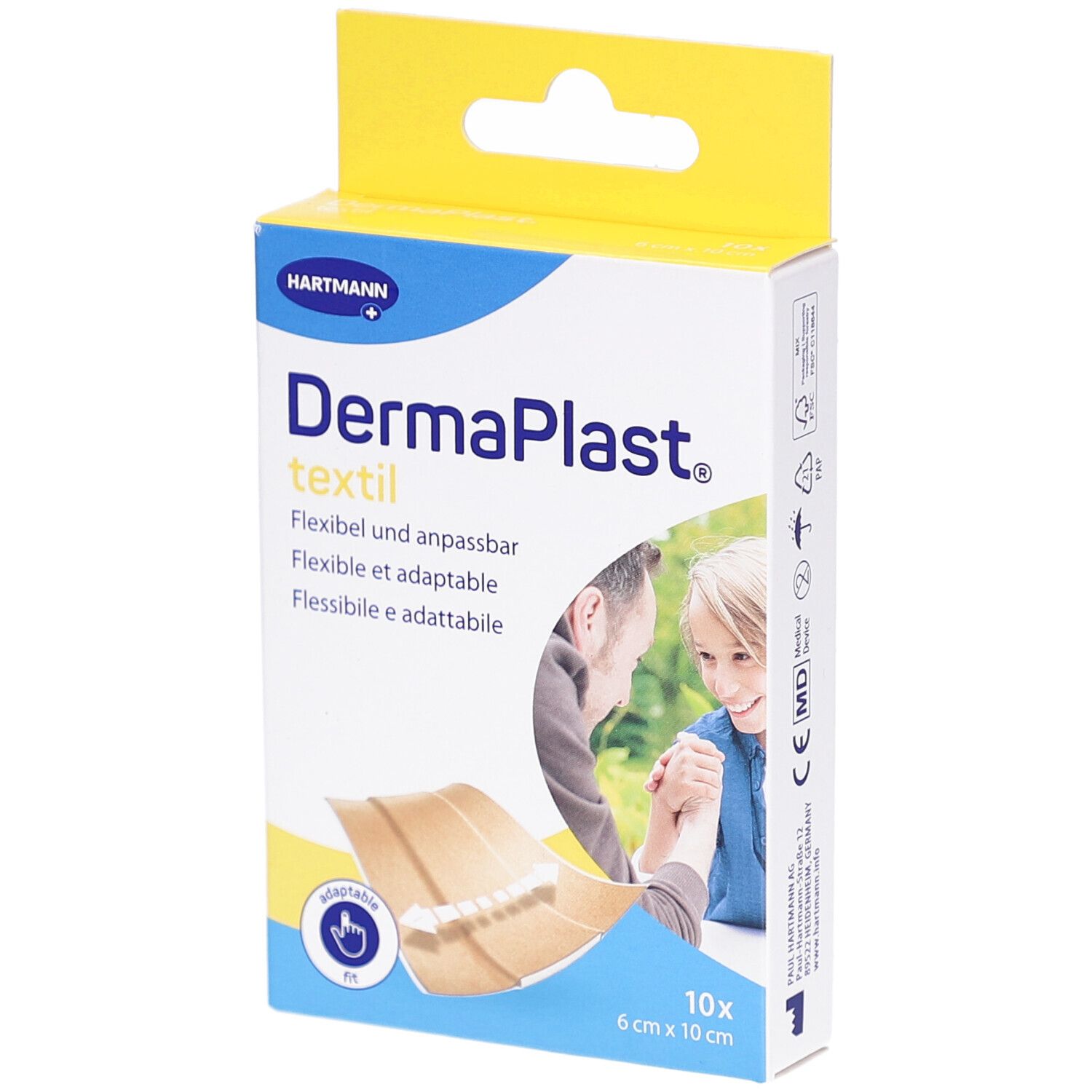 Verpackung mit Pflastern. Marke: DermaPlast textil. Größe: 6 cm x 10 cm. 10 Stück. Flexible und anpassbare Textilpflaster.