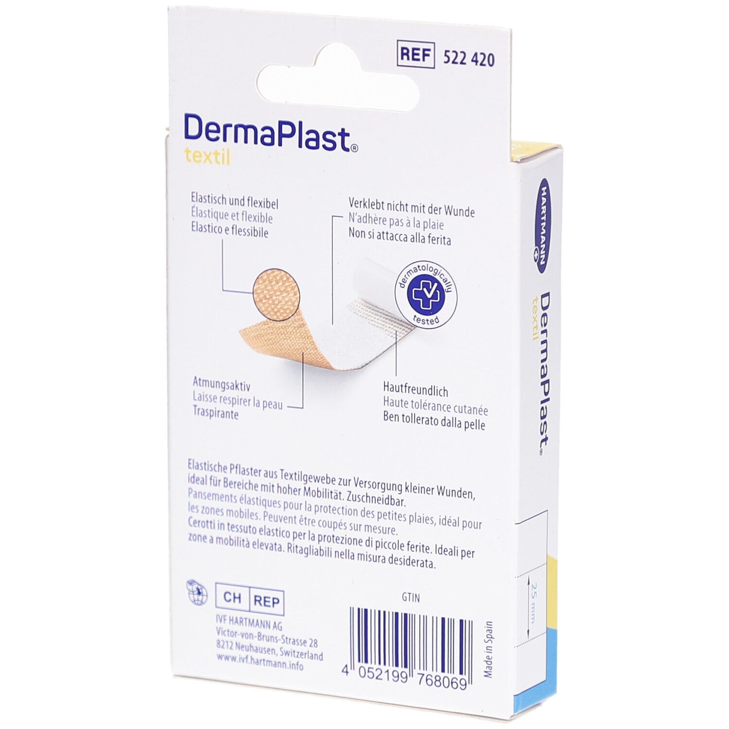 Rückseite der Verpackung. Marke: DermaPlast textil. Atmungsaktiv. Hautverträglich. Elastische Textilpflaster.