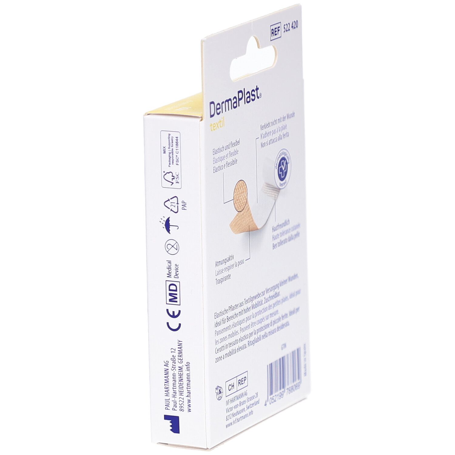 Seitenansicht der Verpackung. Marke: DermaPlast textil. Medizinprodukt. Flexible und anpassbare Textilpflaster.