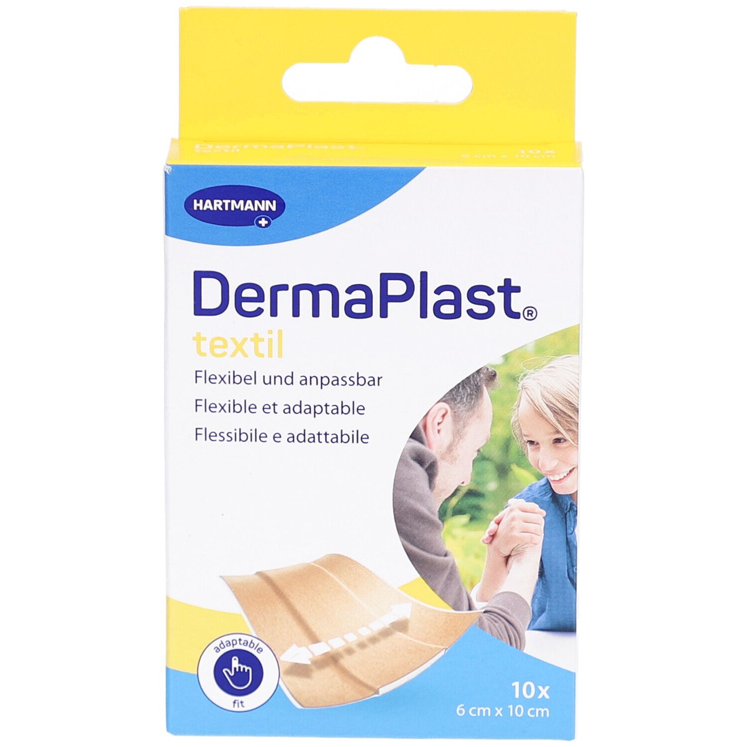 Verpackung mit Pflastern. Marke: DermaPlast textil. Größe: 6 cm x 10 cm. 10 Stück. Flexible und anpassbare Textilpflaster.