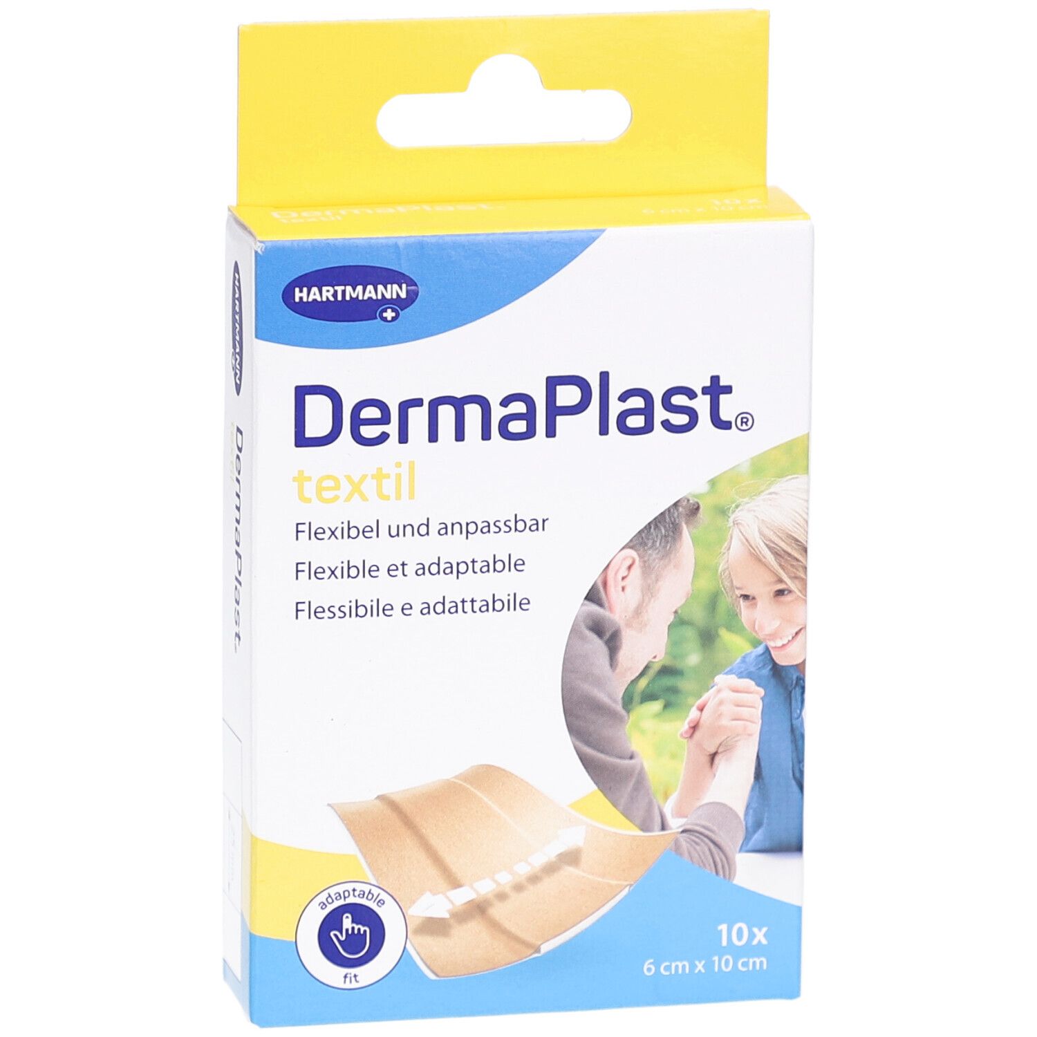Verpackung mit Pflastern. Marke: DermaPlast textil. Größe: 6 cm x 10 cm. 10 Stück. Flexible und anpassbare Textilpflaster.