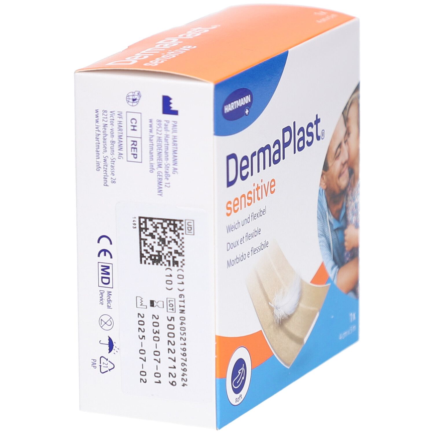 Verpackung von DERMAPLAST® Sensitive. Rückseite mit Informationen, Barcode, CE-Kennzeichnung, Haltbarkeit. 4 cm x 5 m.