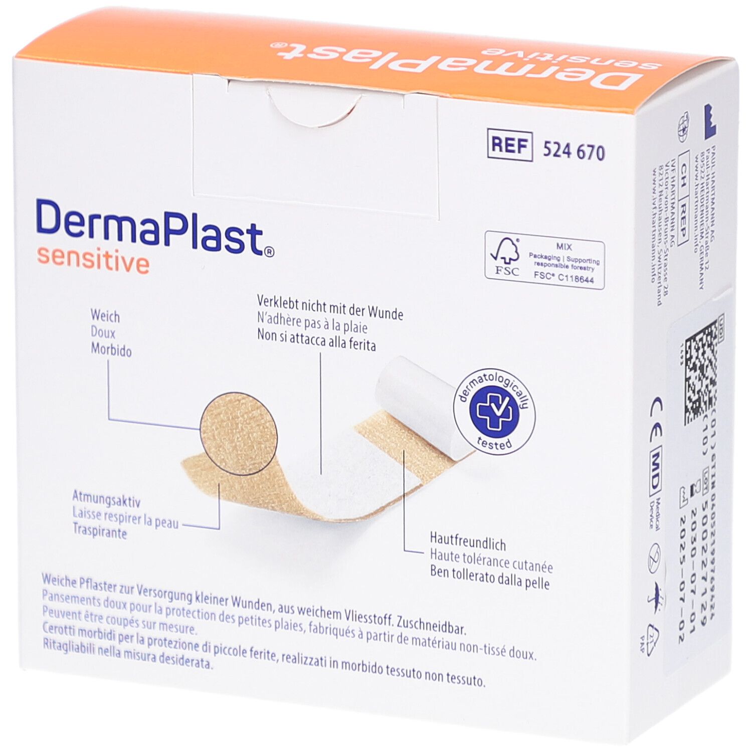 Verpackung von DERMAPLAST® Sensitive. Beige Pflasterrolle, dermatologisch getestet. 4 cm x 5 m. Weich.