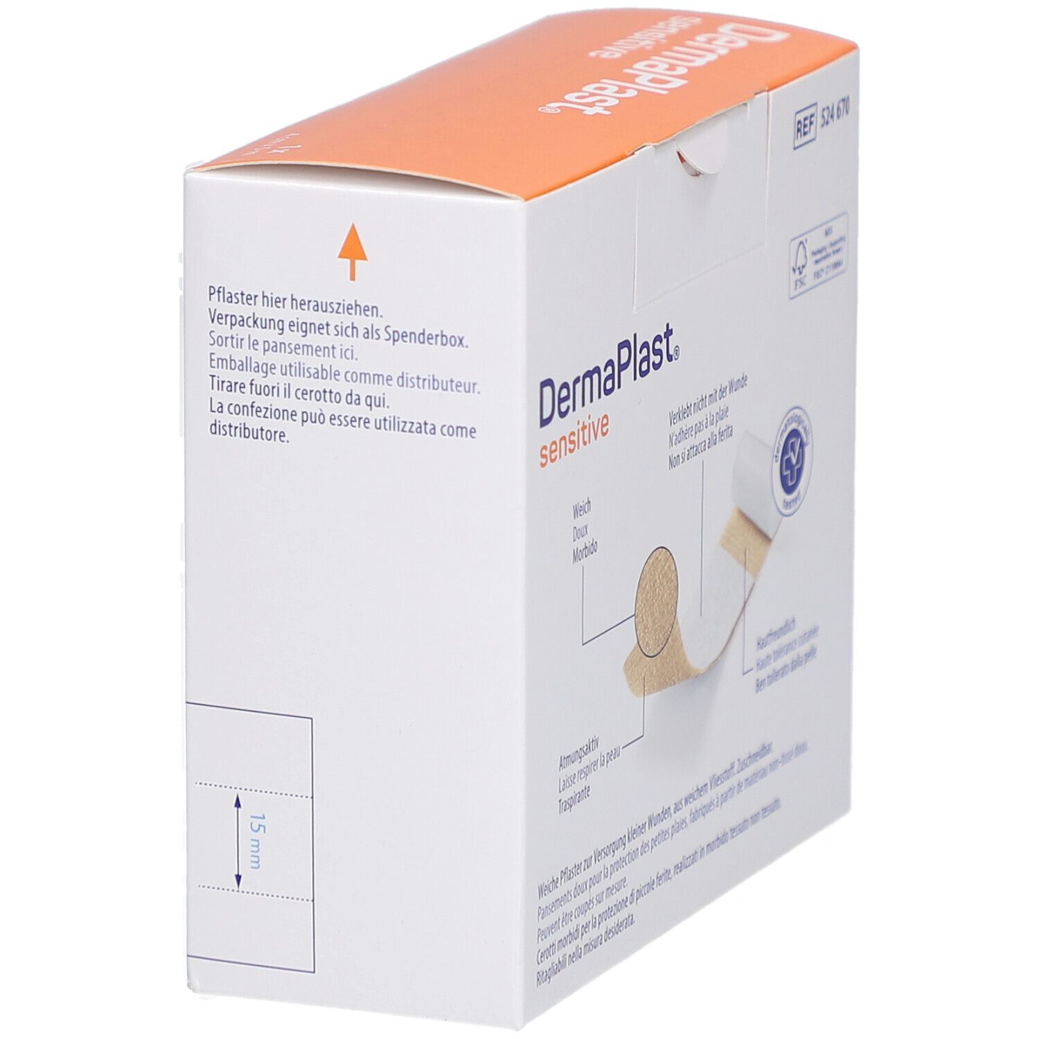 Verpackung von DERMAPLAST® Sensitive. Pfeil, 15 mm. Text: Verpackung eignet sich als Spenderbox. 4 cm x 5 m.