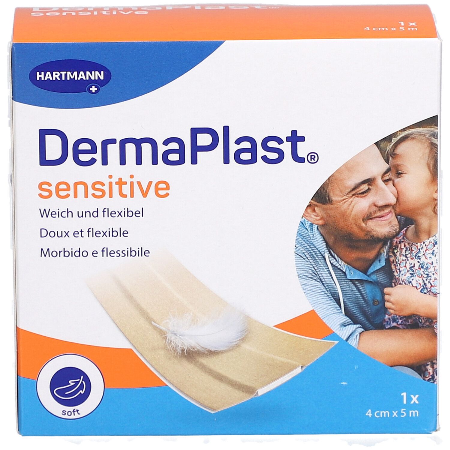 Verpackung von DERMAPLAST® Sensitive. Beige Rolle, Feder, Mann und Kind. 4 cm x 5 m. Weich und flexibel.