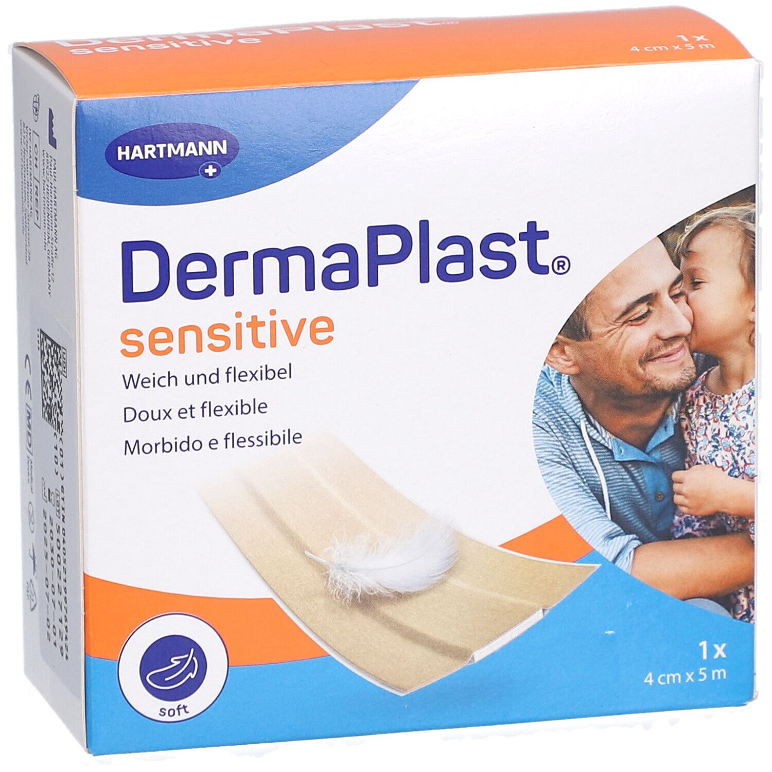 Verpackung von DERMAPLAST® Sensitive. Beige Rolle, Feder, Mann und Kind. 4 cm x 5 m. Weich und flexibel.