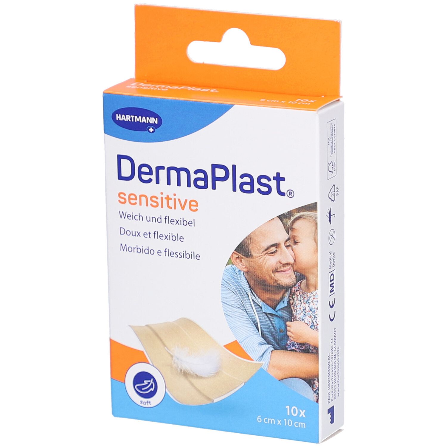 Boîte de pansements DermaPlast sensitive. Pansement visible, enfant. Dimensions 6 cm x 10 cm, 10 pièces.