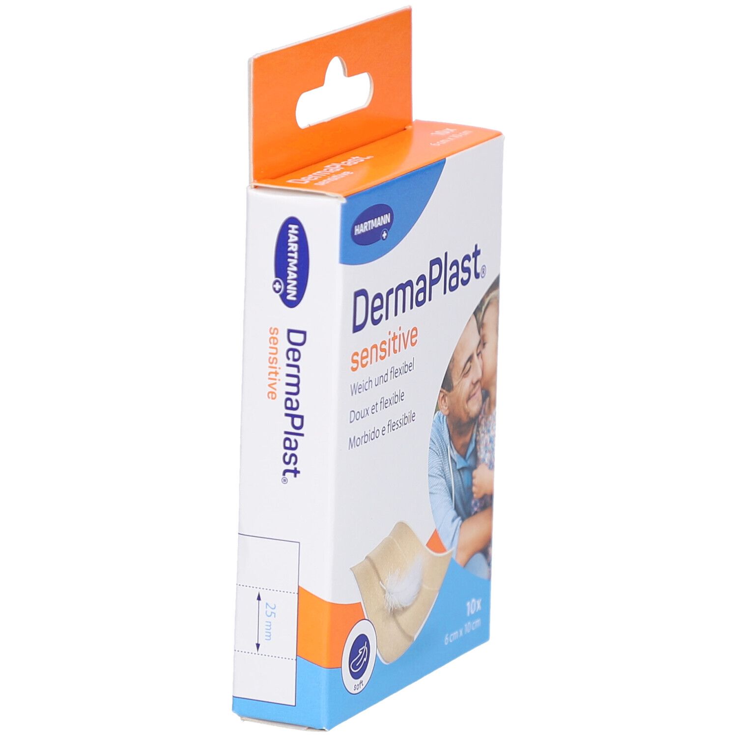 Vue latérale de la boîte de pansements DermaPlast sensitive. Informations produit et pansement visibles.