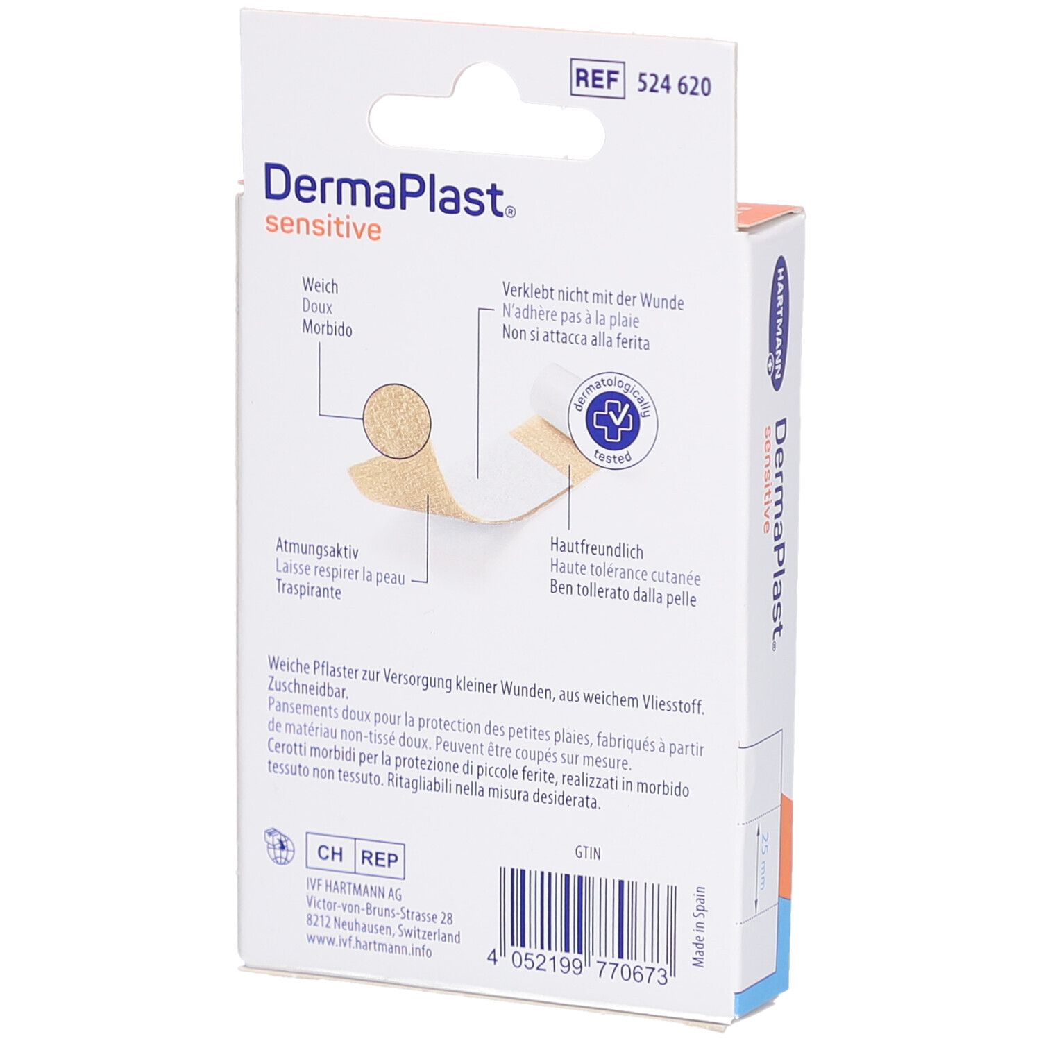 Dos de la boîte de pansements DermaPlast sensitive. Informations produit et pansement visibles.