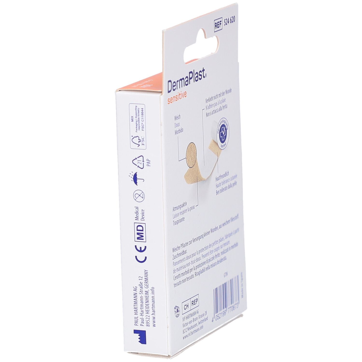 Vue latérale de la boîte de pansements DermaPlast sensitive. Informations produit et pansement visibles.