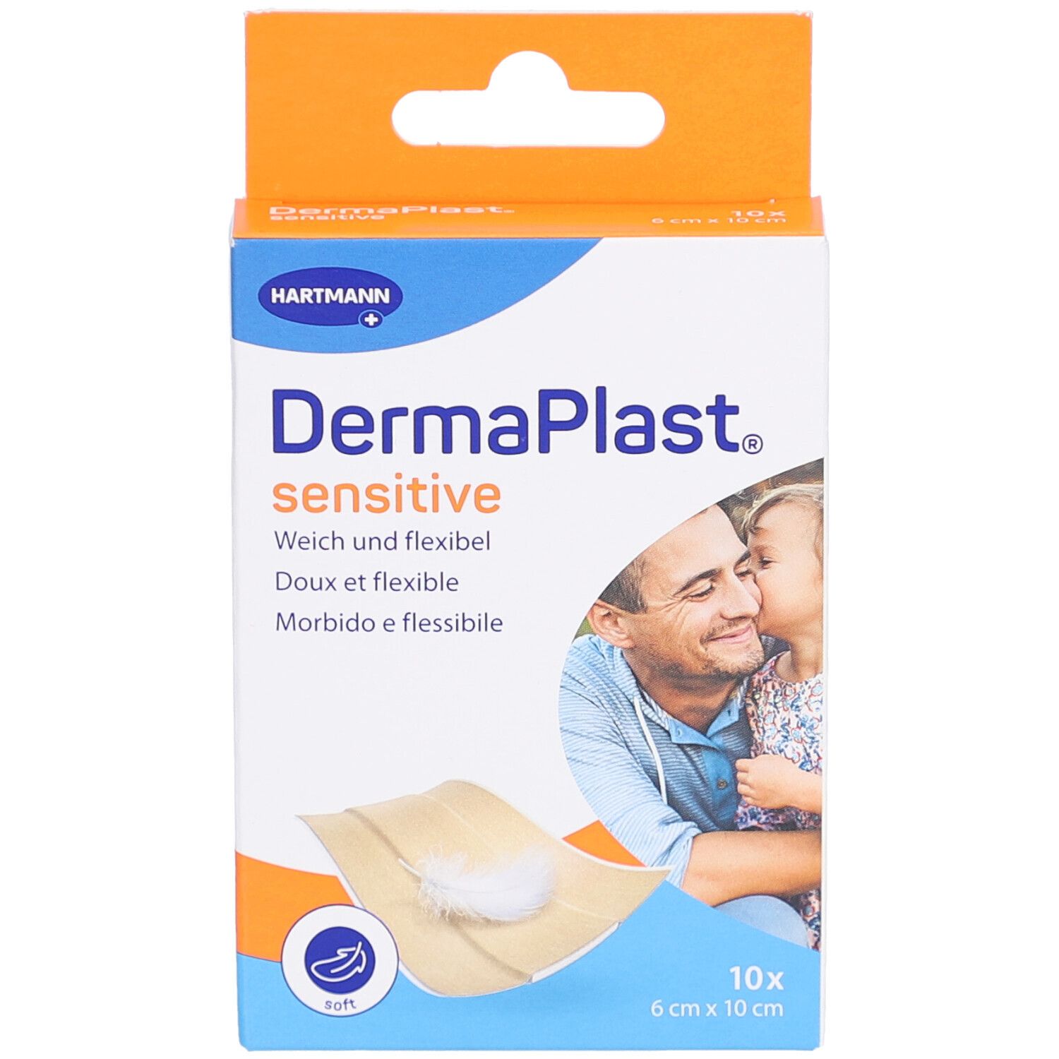 Vue de face de la boîte de pansements DermaPlast sensitive. Pansement et enfant visibles, 6x10cm, 10 pièces.