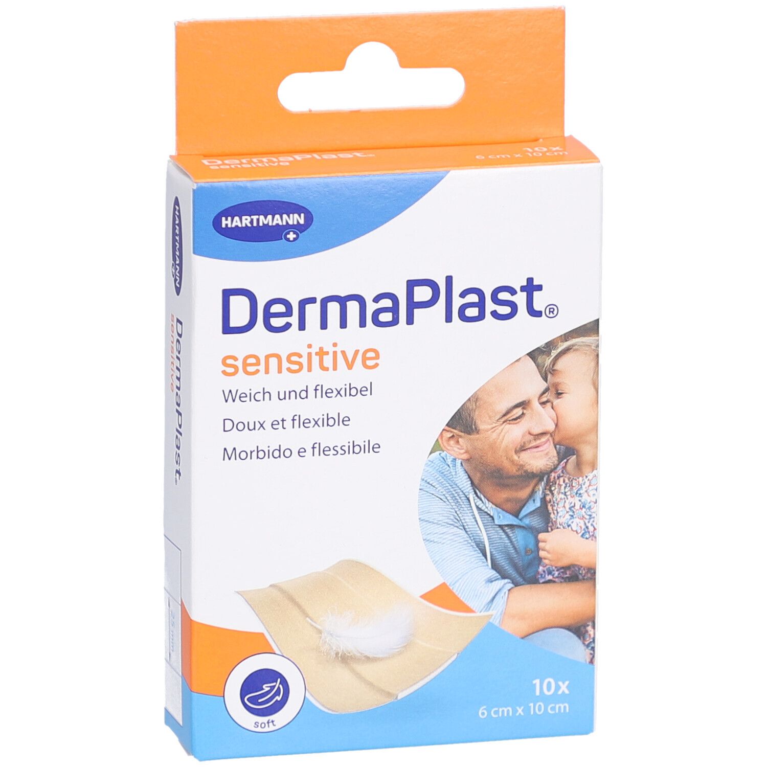 Vue de face de la boîte de pansements DermaPlast sensitive. Pansement et enfant visibles, 6x10cm, 10 pièces.