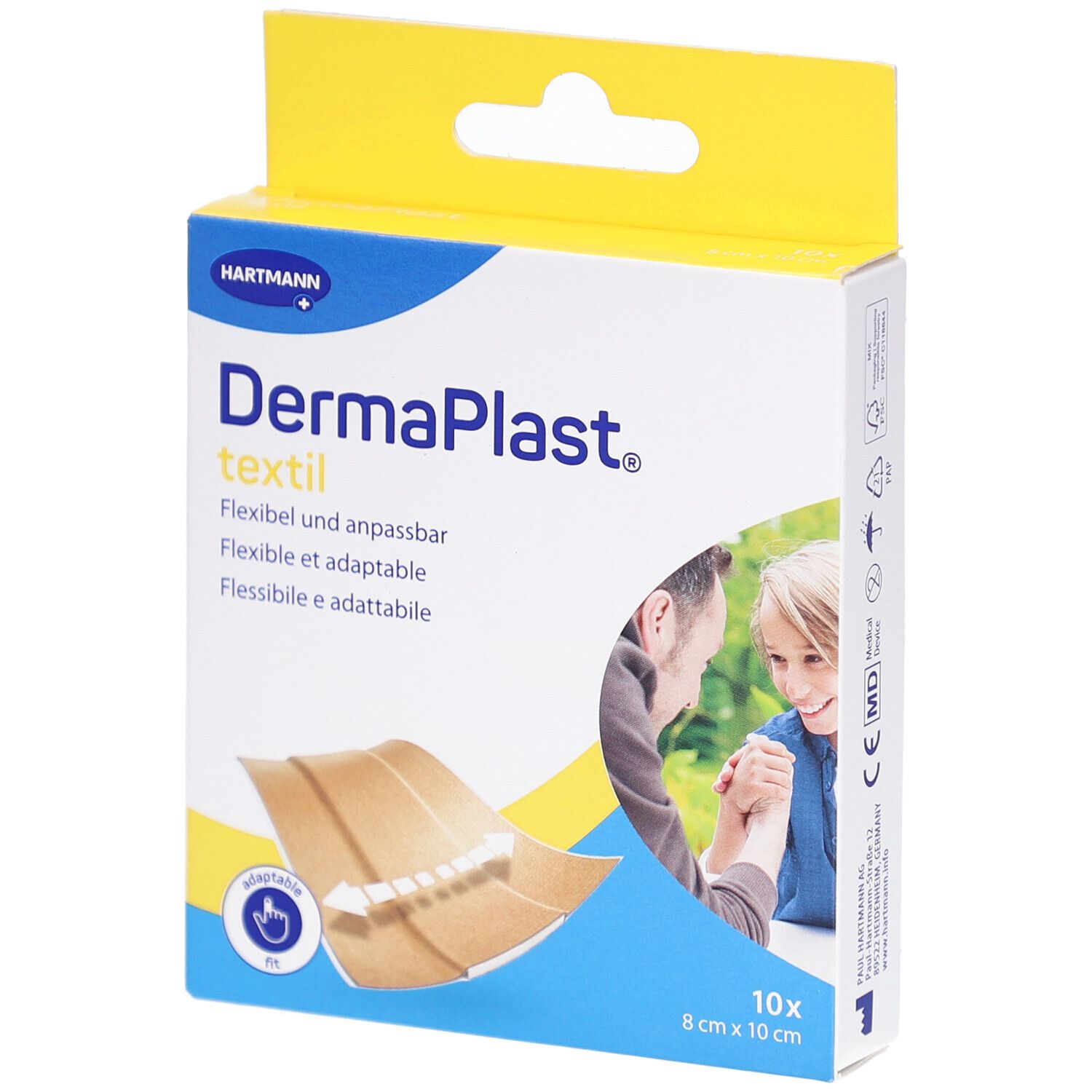 Verpackung mit Pflastern. Aufdruck: DermaPlast textil, 8x10cm, 10 Stück. Gelb-weiße Schachtel mit Produktabbildung und Logo.
