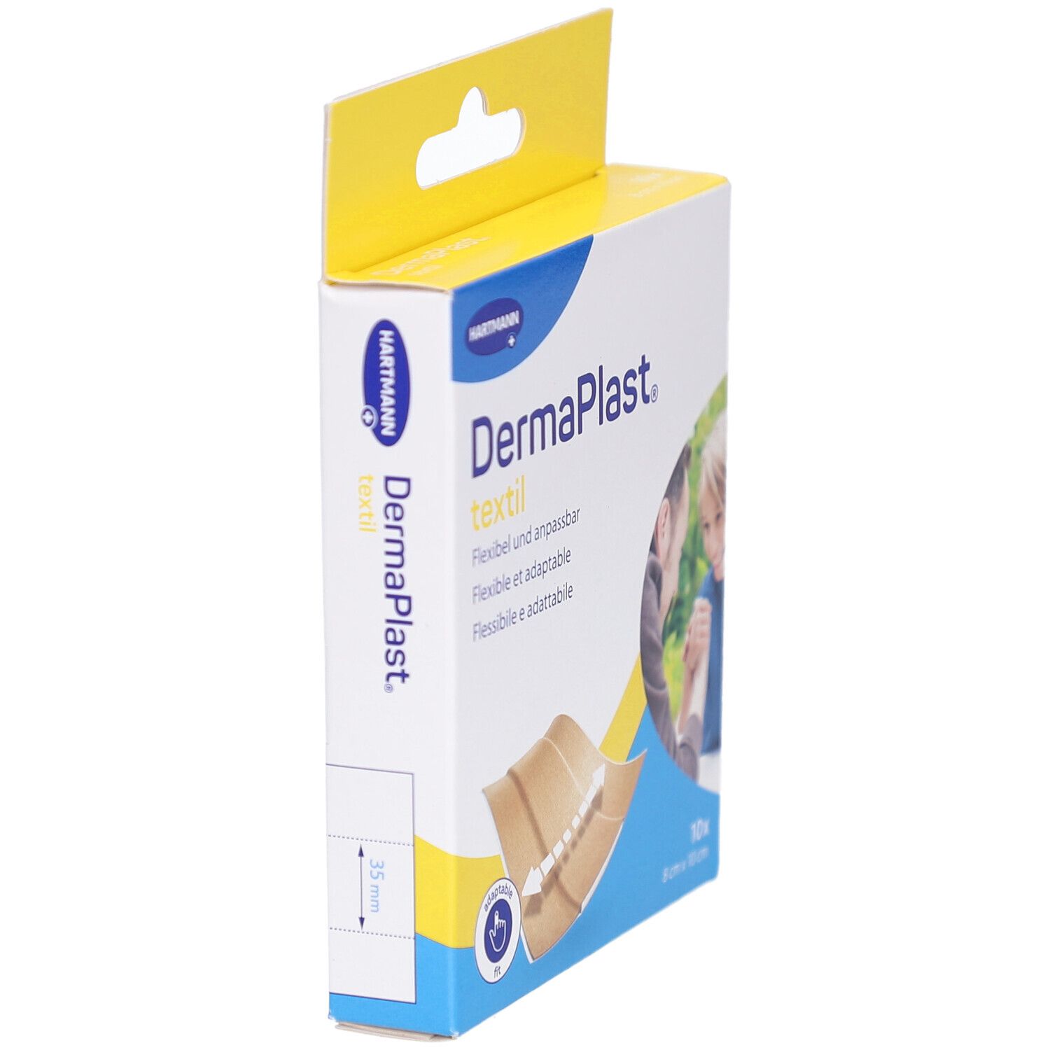 Seitenansicht der Pflasterverpackung. Aufdruck: DermaPlast textil, 35mm. Gelb-weiße Schachtel mit Produktabbildung und Logo.