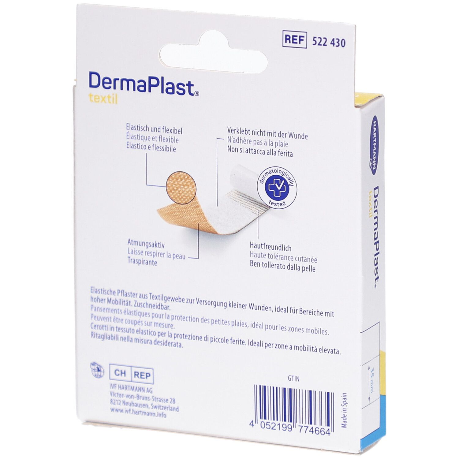 Rückseite der Pflasterverpackung. Aufdruck: DermaPlast textil, elastisch und flexibel. Produktabbildung und Text.
