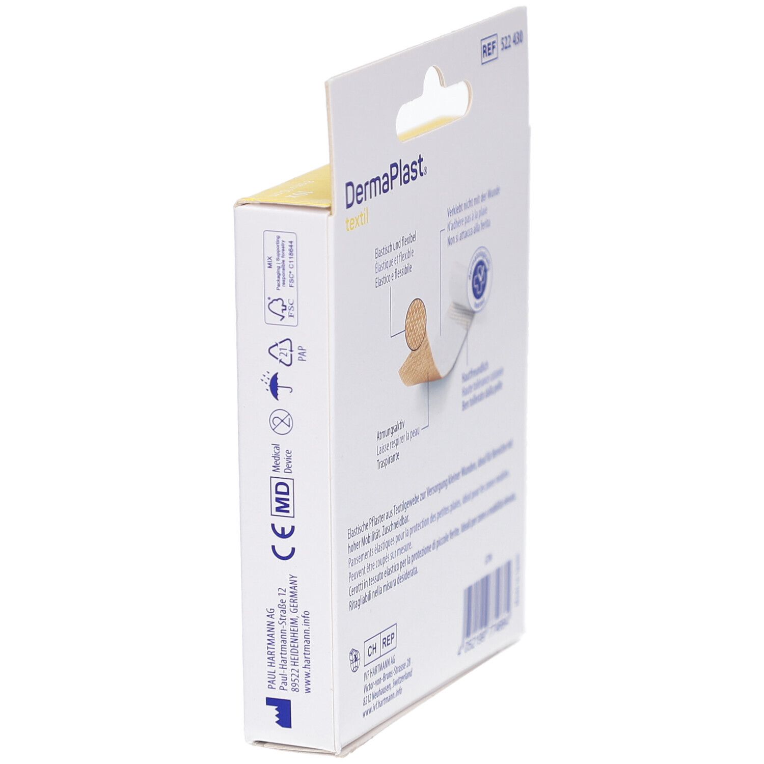 Seitenansicht der Pflasterverpackung. Aufdruck: DermaPlast textil, CE-Kennzeichnung, medizinische Geräte. Produktabbildung.