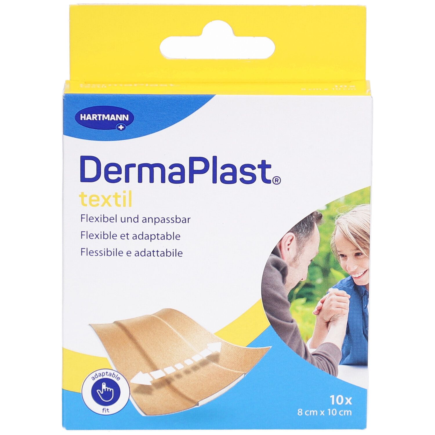 Vorderansicht der Pflasterverpackung. Aufdruck: DermaPlast textil, 8x10cm, 10 Stück. Gelb-weiße Schachtel mit Produktabbildung und Logo.