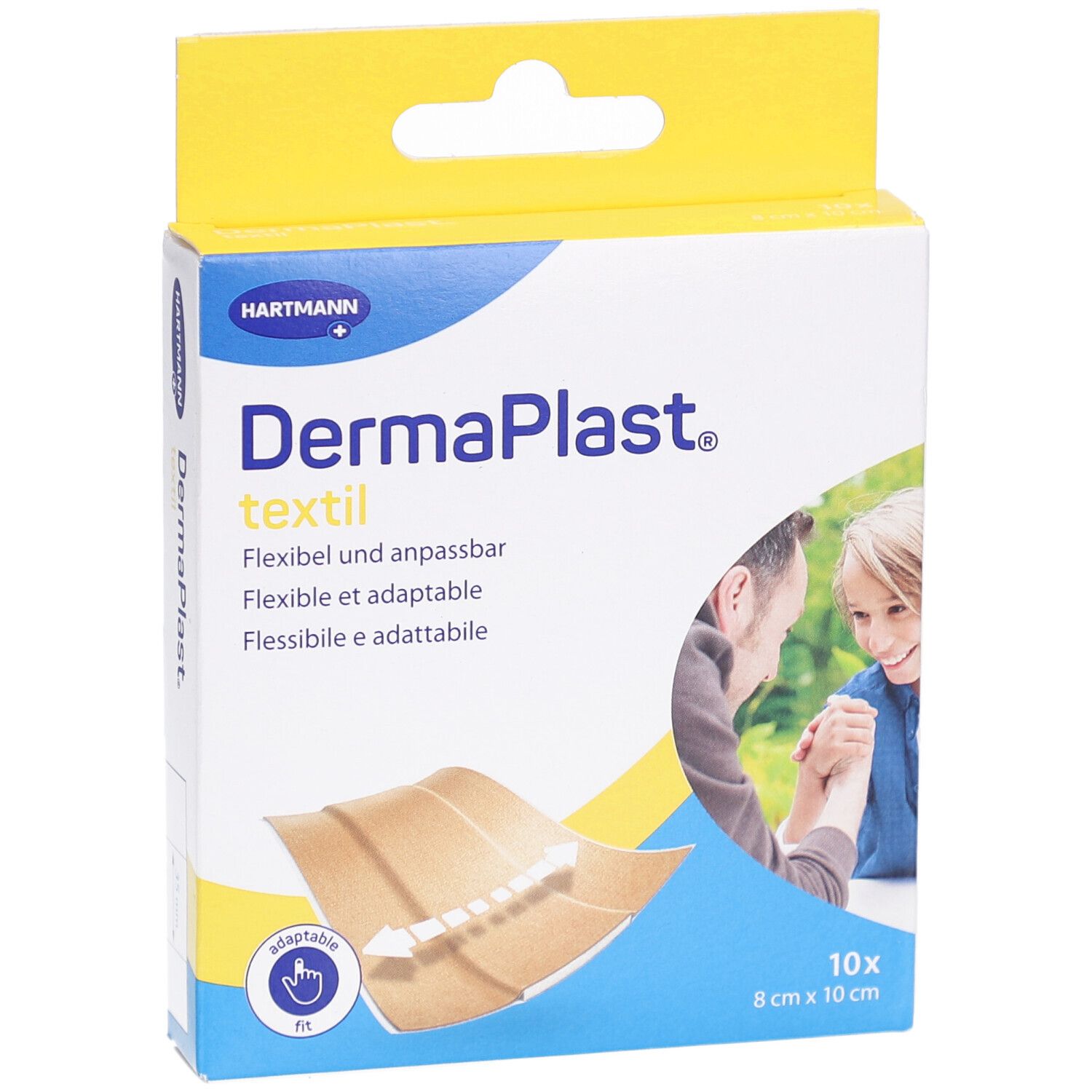 Vorderansicht der Pflasterverpackung. Aufdruck: DermaPlast textil, 8x10cm, 10 Stück. Gelb-weiße Schachtel mit Produktabbildung und Logo.
