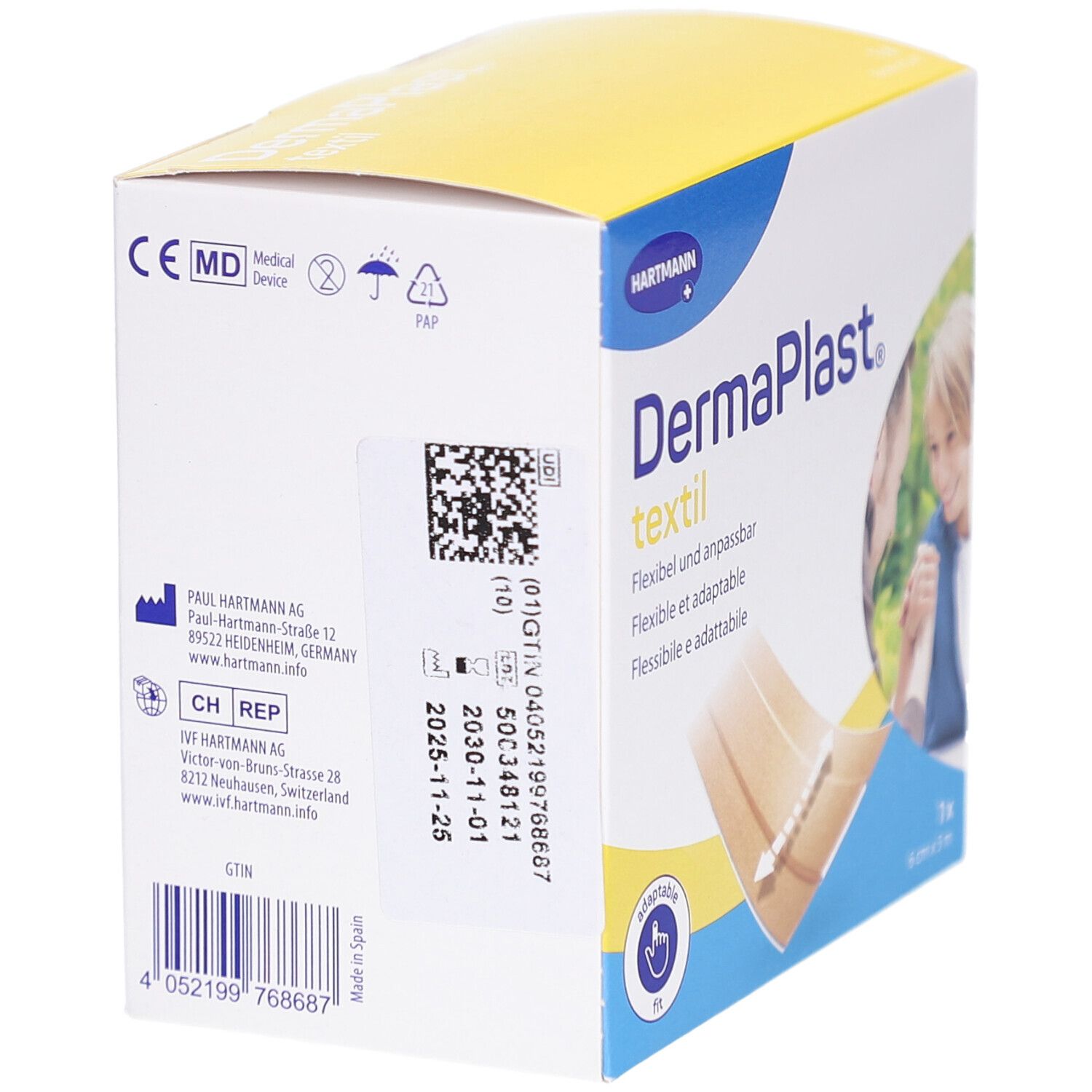 Rückseite der Verpackung von DERMAPLAST® Textil Pansement. Enthält Informationen, Barcode und CE-Kennzeichnung.