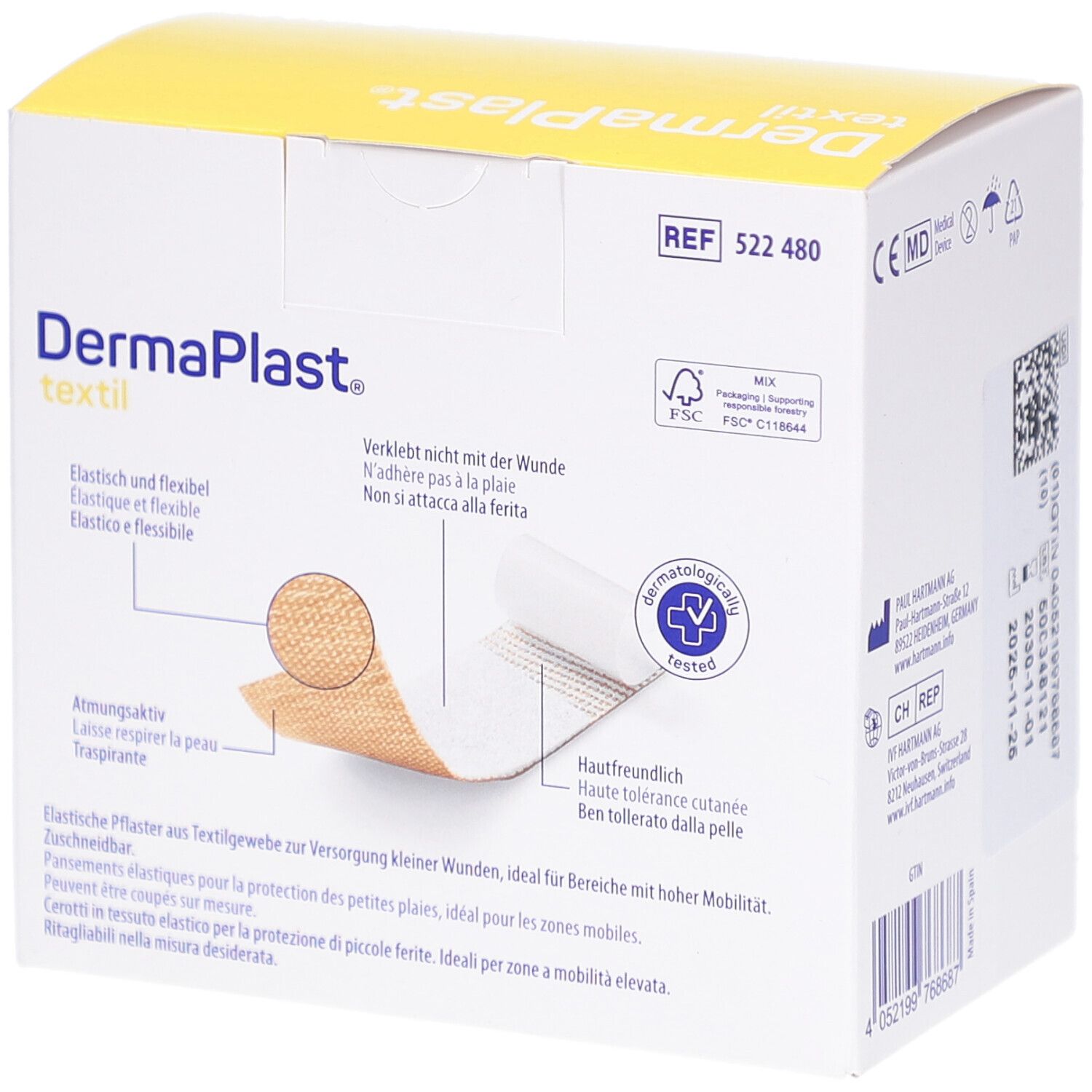 Verpackung von DERMAPLAST® Textil Pansement. Zeigt Eigenschaften wie atmungsaktiv und hautfreundlich. Dermatologisch getestet.