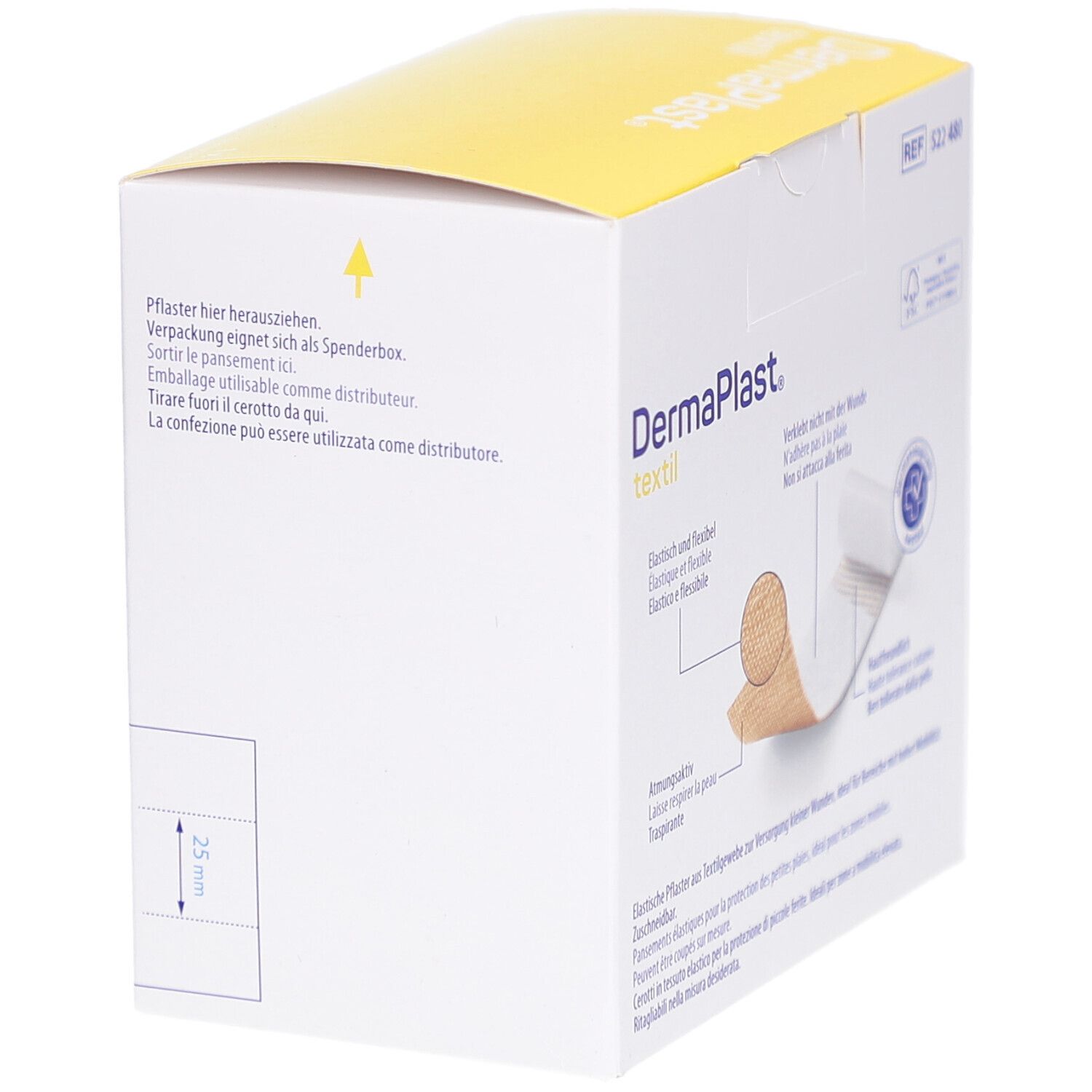 Verpackung von DERMAPLAST® Textil Pansement. Zeigt eine Ecke mit einer Pfeilmarkierung und der Aufschrift "Pflaster hier herausziehen".
