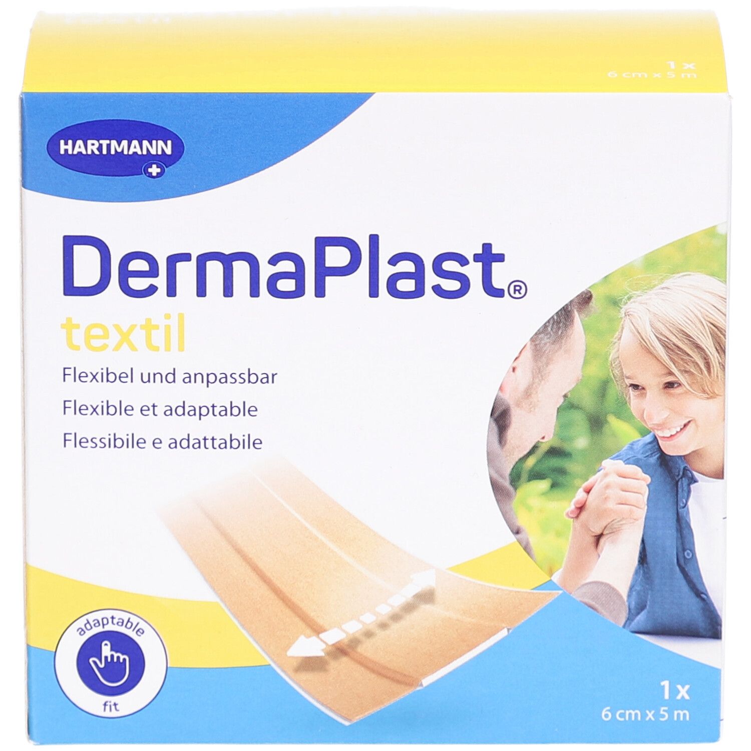 Verpackung von DERMAPLAST® Textil Pansement. Flexibel und anpassbar. 6 cm x 5 m. Beige. Hartmann Logo.