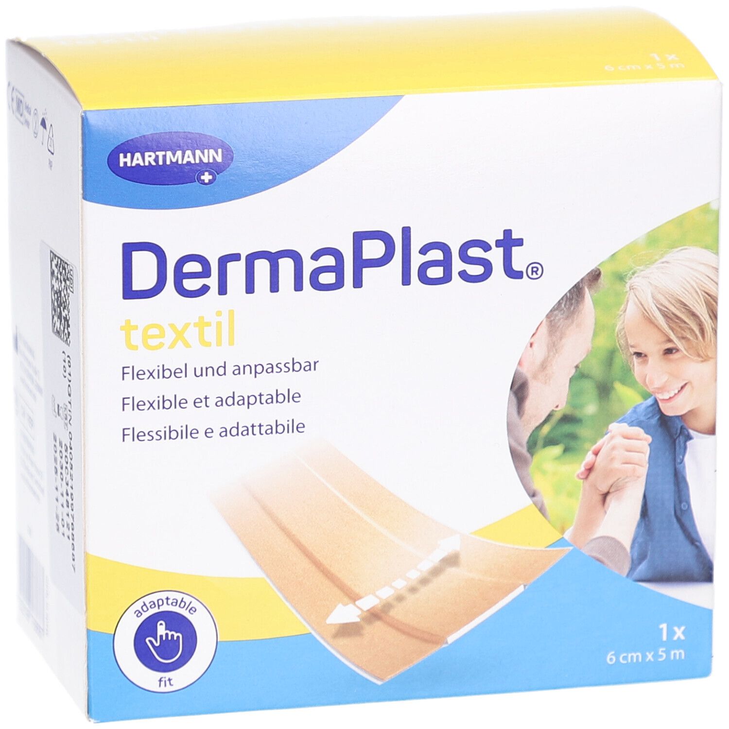 Verpackung von DERMAPLAST® Textil Pansement. Flexibel und anpassbar. 6 cm x 5 m. Beige. Hartmann Logo.