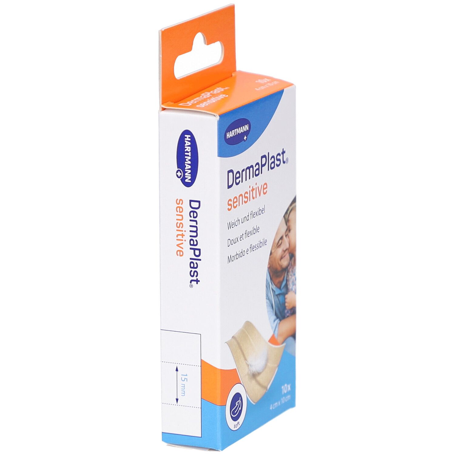 Seitenansicht der Verpackung von DERMAPLAST® Sensitive Pflastern. Text: Weich und flexibel. 15 mm Markierung.