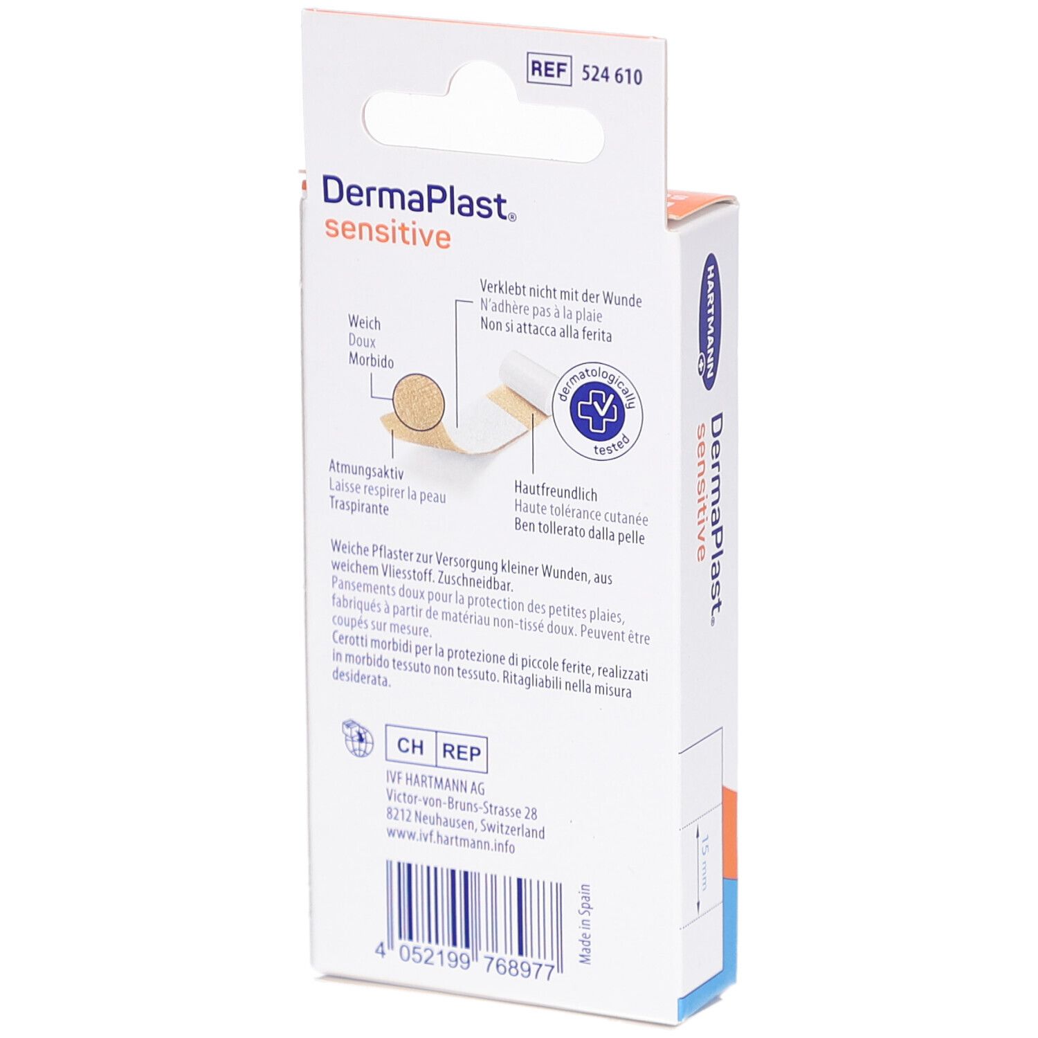Rückseite der Verpackung von DERMAPLAST® Sensitive Pflastern. Text: Nicht mit der Wunde verkleben. Hautfreundlich. Abbildung eines Pflasters.