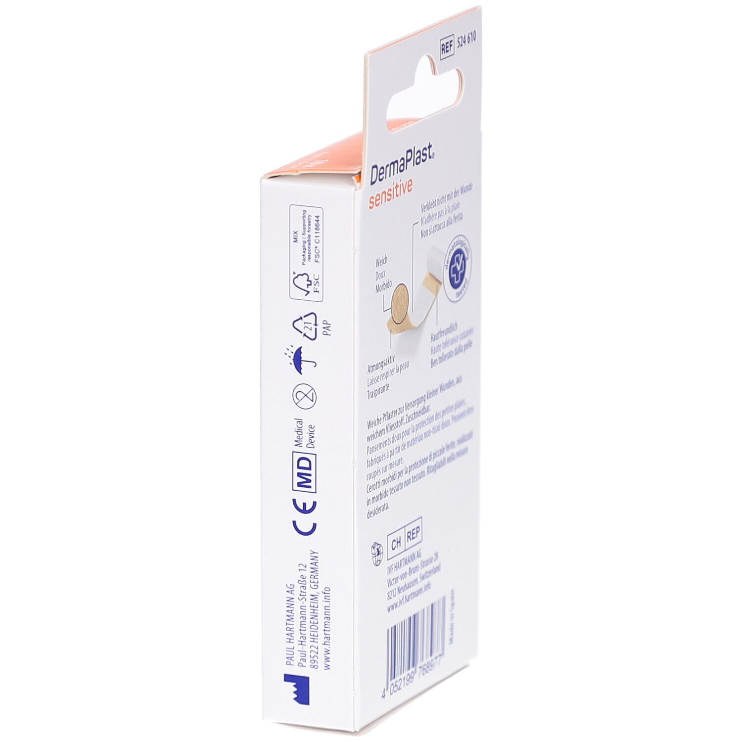 Seitenansicht der Verpackung von DERMAPLAST® Sensitive Pflastern. Text: Medizinprodukt. CE-Kennzeichnung.