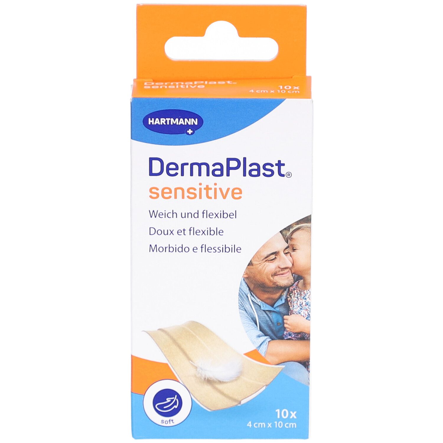 Verpackung von DERMAPLAST® Sensitive Pflastern. 10 Stück, 4 cm x 10 cm. Beige. Weich und flexibel. Abbildung eines Paares.