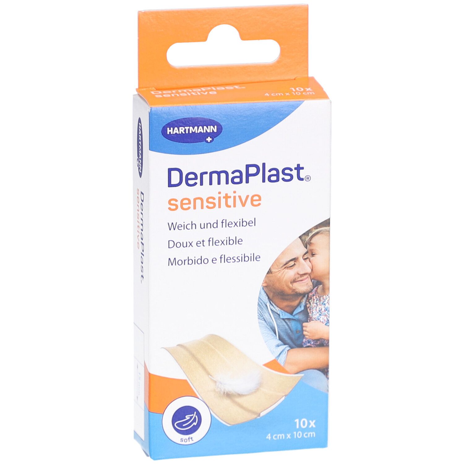 Verpackung von DERMAPLAST® Sensitive Pflastern. 10 Stück, 4 cm x 10 cm. Beige. Weich und flexibel. Abbildung eines Paares.