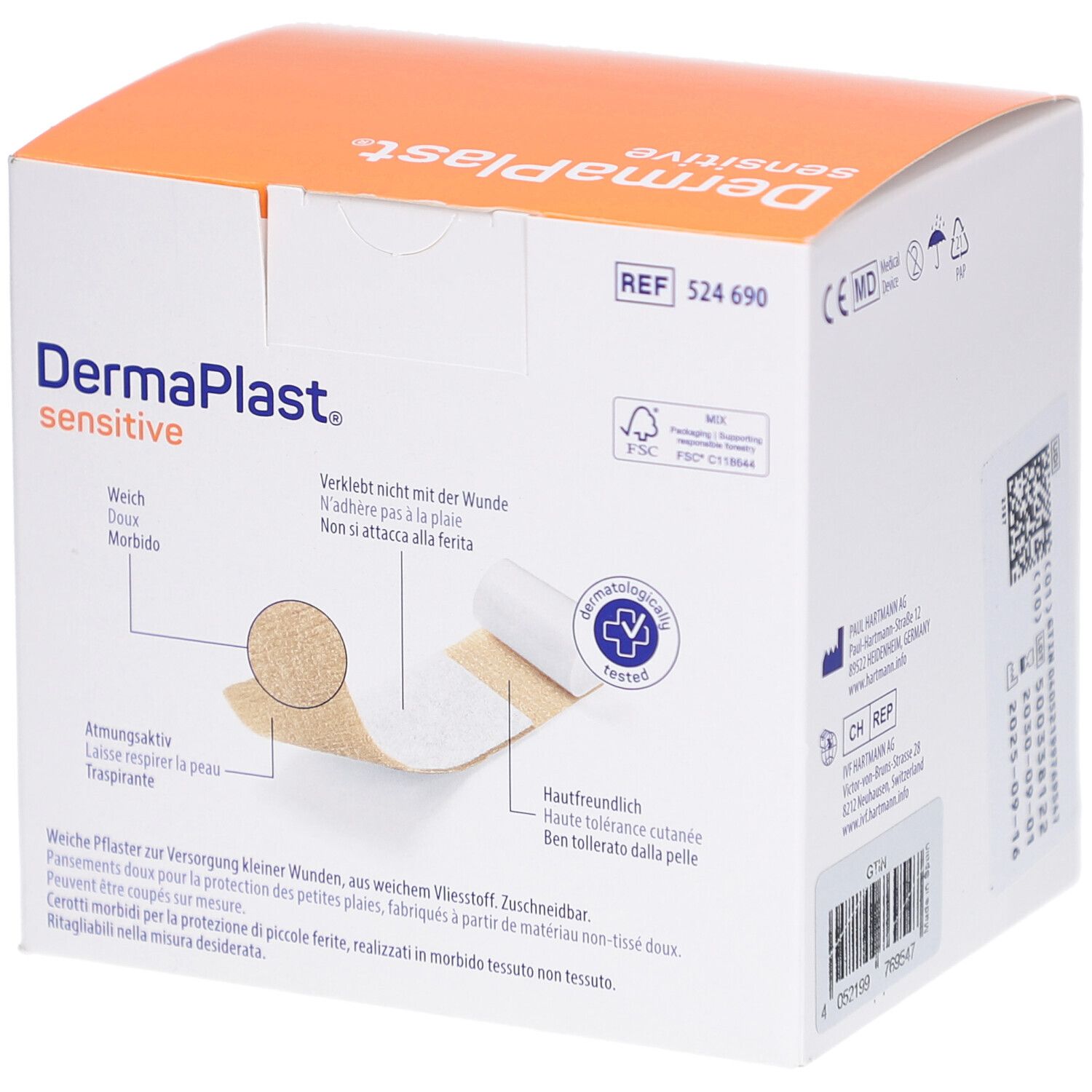 Verpackung von DERMAPLAST® sensitive. Produktabbildung, dermatologisch getestet, FSC-Zertifizierung.