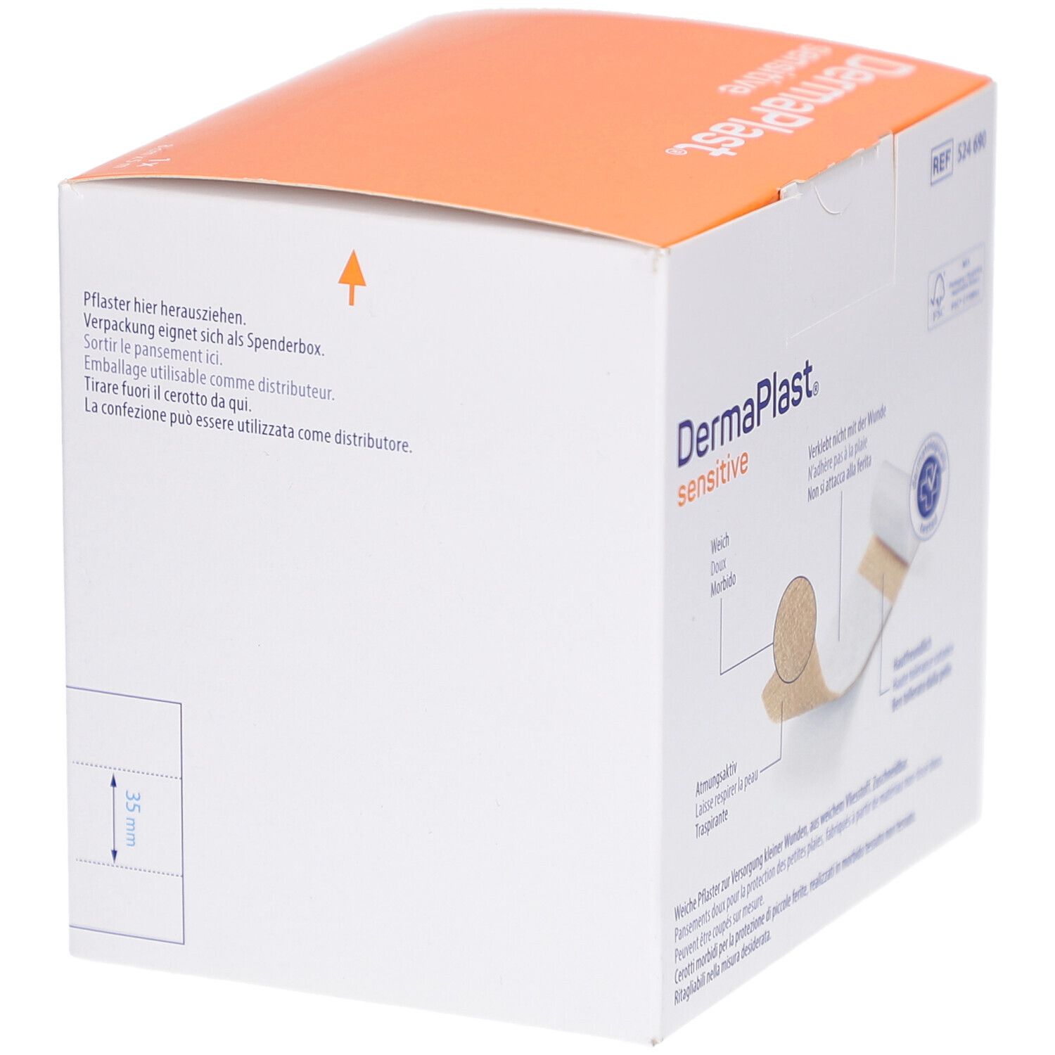 Verpackung von DERMAPLAST® sensitive. Pfeil für Entnahme. Abbildung des Produkts. 35 mm.