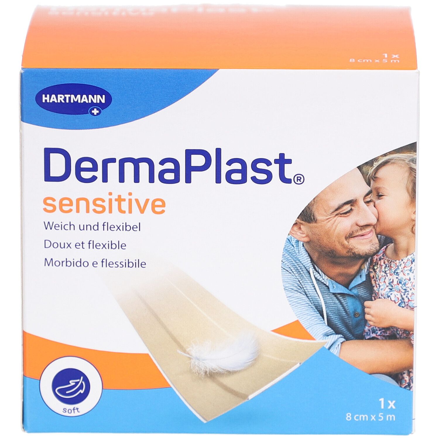 Verpackung von DERMAPLAST® sensitive. 8 cm x 5 m. Beige. Hartmann-Logo. Abbildung eines Mannes und Kind.