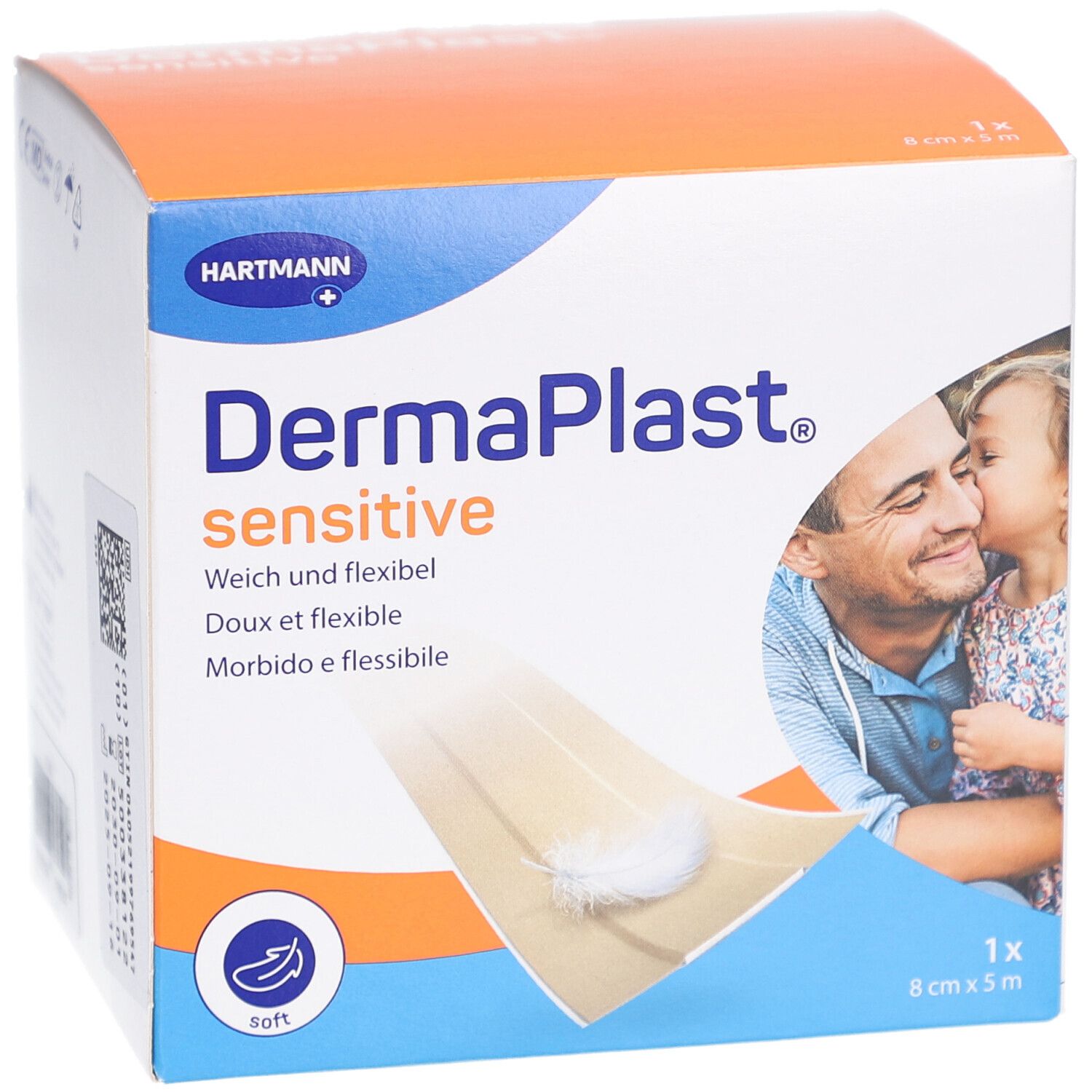 Verpackung von DERMAPLAST® sensitive. 8 cm x 5 m. Beige. Hartmann-Logo. Abbildung eines Mannes und Kind.