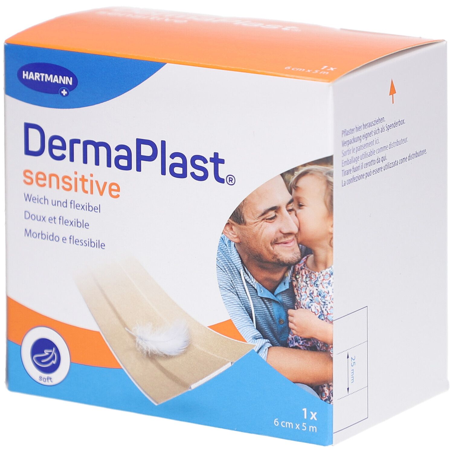 Karton DERMAPLAST® sensitive. Beige Pflaster, 6 cm x 5 m. Weich und flexibel. Abbildung eines Vaters und Kindes.