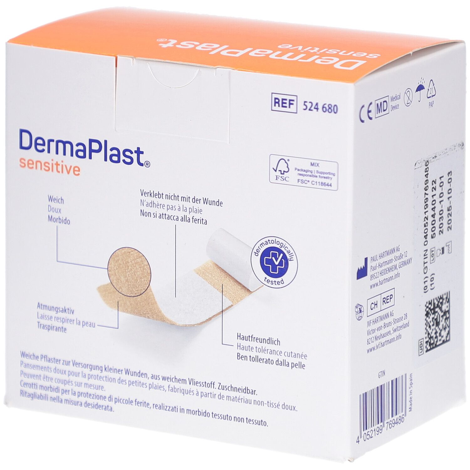 DERMAPLAST® sensitive Verpackung. Pflaster-Details, dermatologisch getestet. FSC-Zertifizierung.